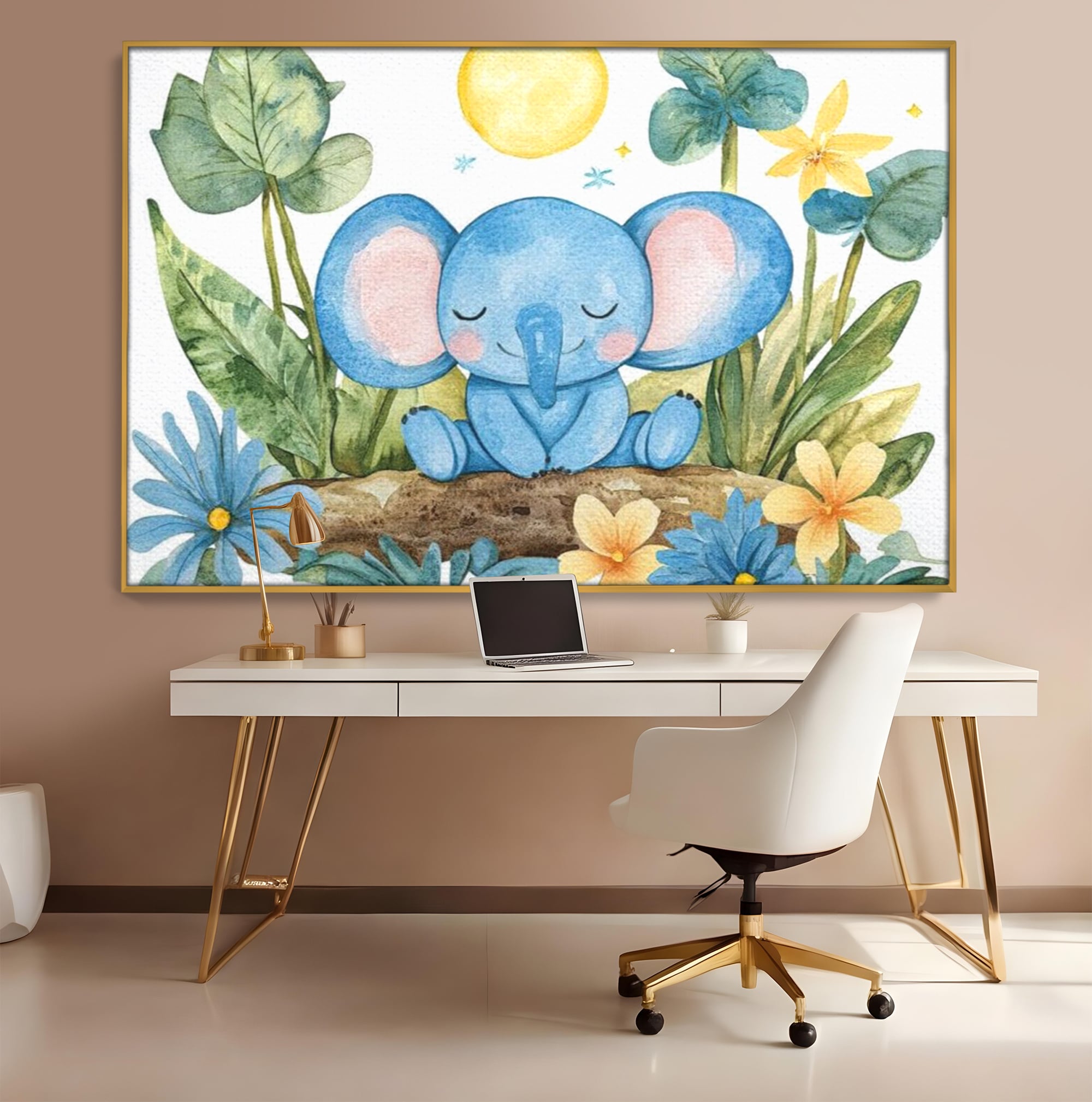 Tablou canvas cu ilustratie cu elefant albastru dormind pe o tulpina, in rama de aluminiu auriu, pe perete intr-un birou