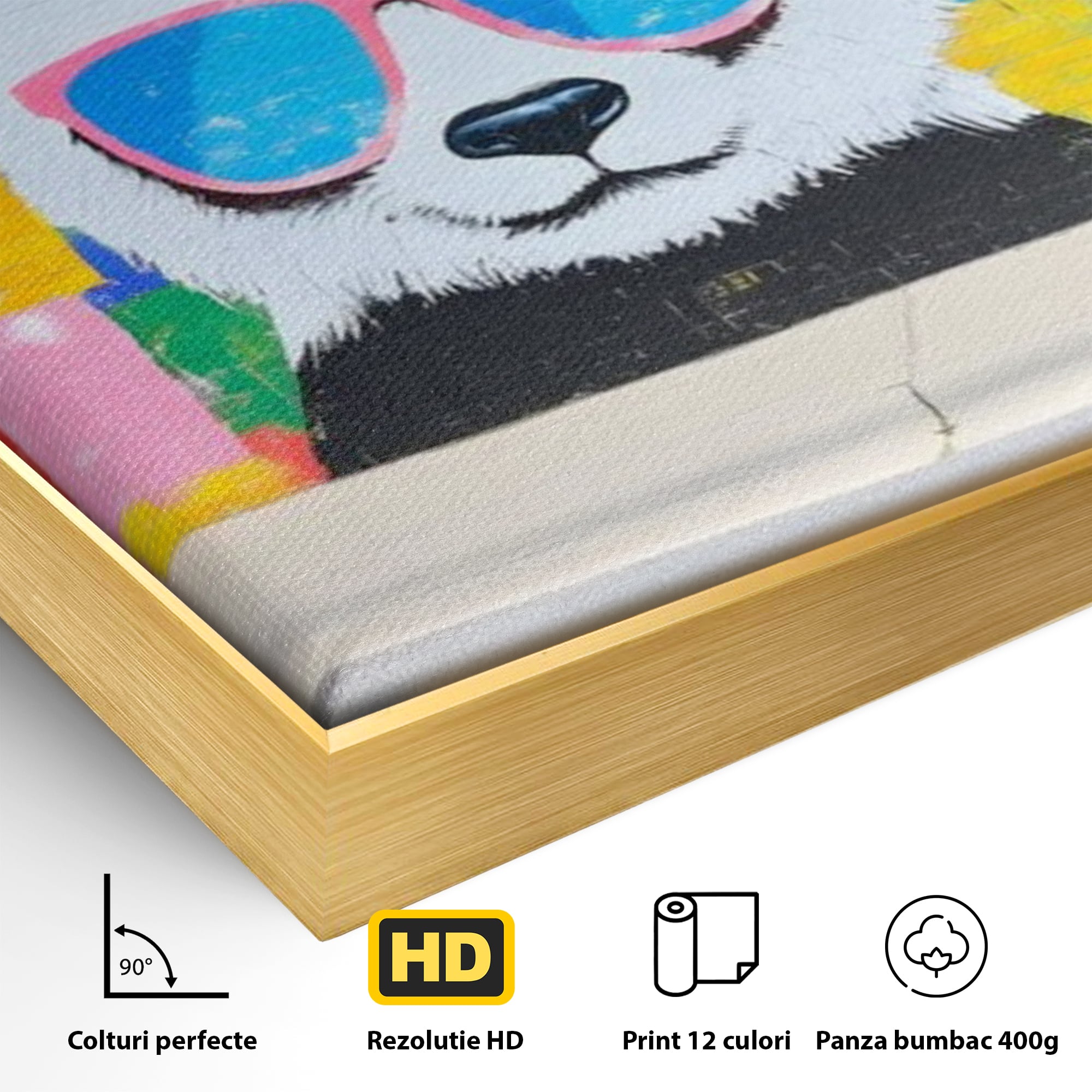 Detaliu al suprafetei: tablou canvas cu panda grafitat, in rama de aluminiu auriu