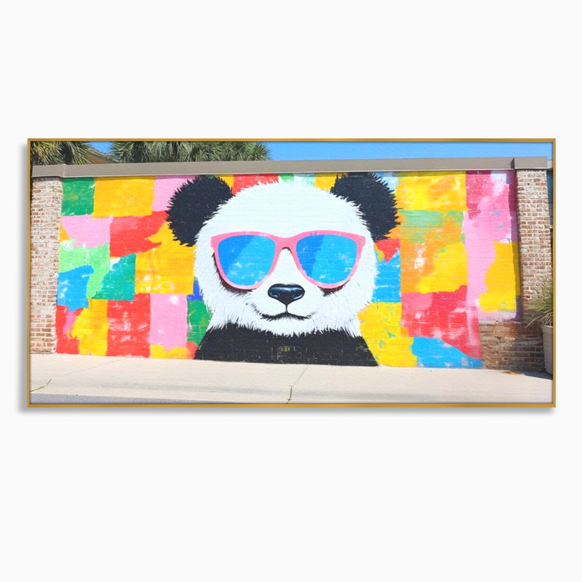 Tablou canvas cu tablou canvas cu panda grafitat, in rama de aluminiu auriu