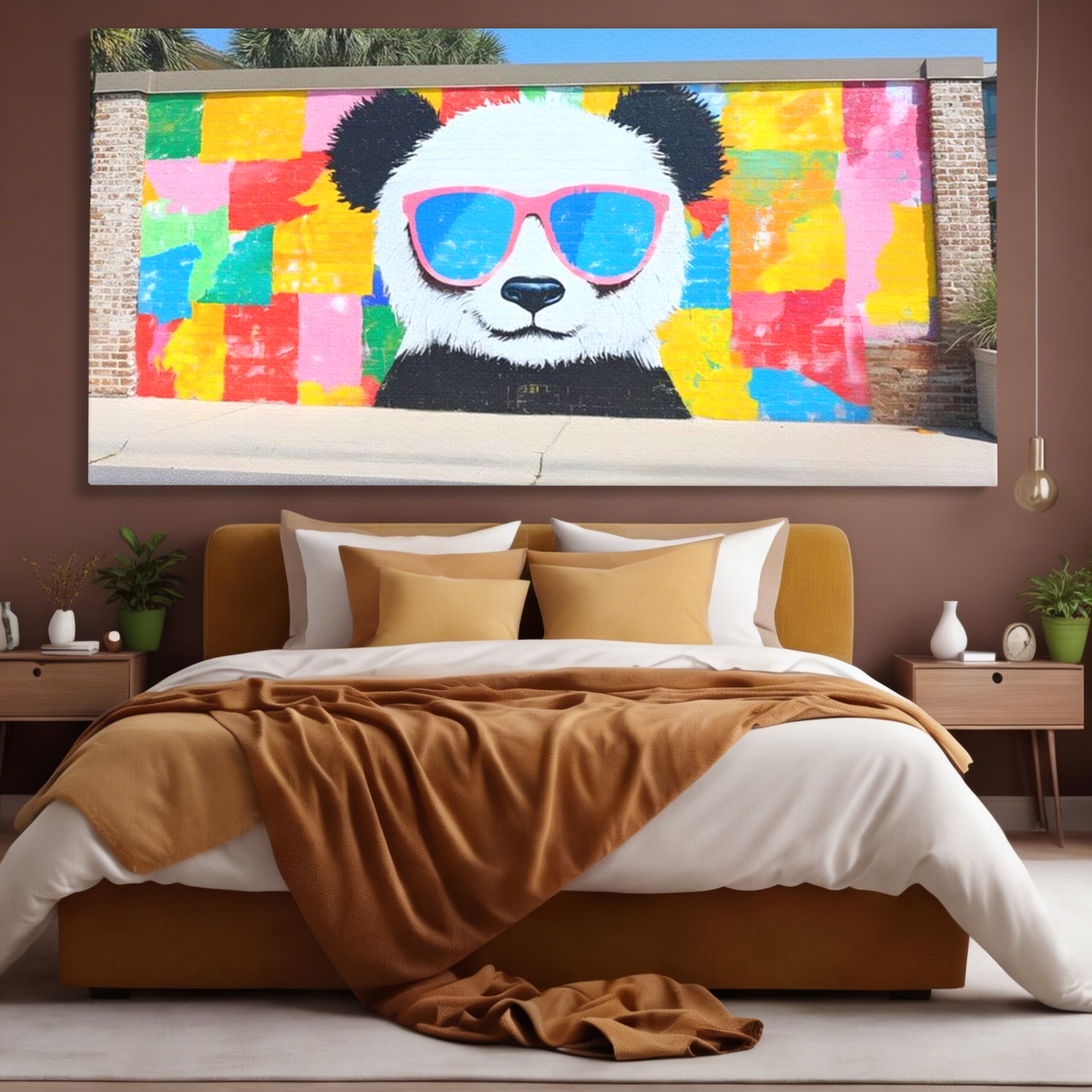 Tablou canvas cu tablou canvas cu panda grafitat, fara rama, pe sasiu de lemn, pe perete intr-un dormitor
