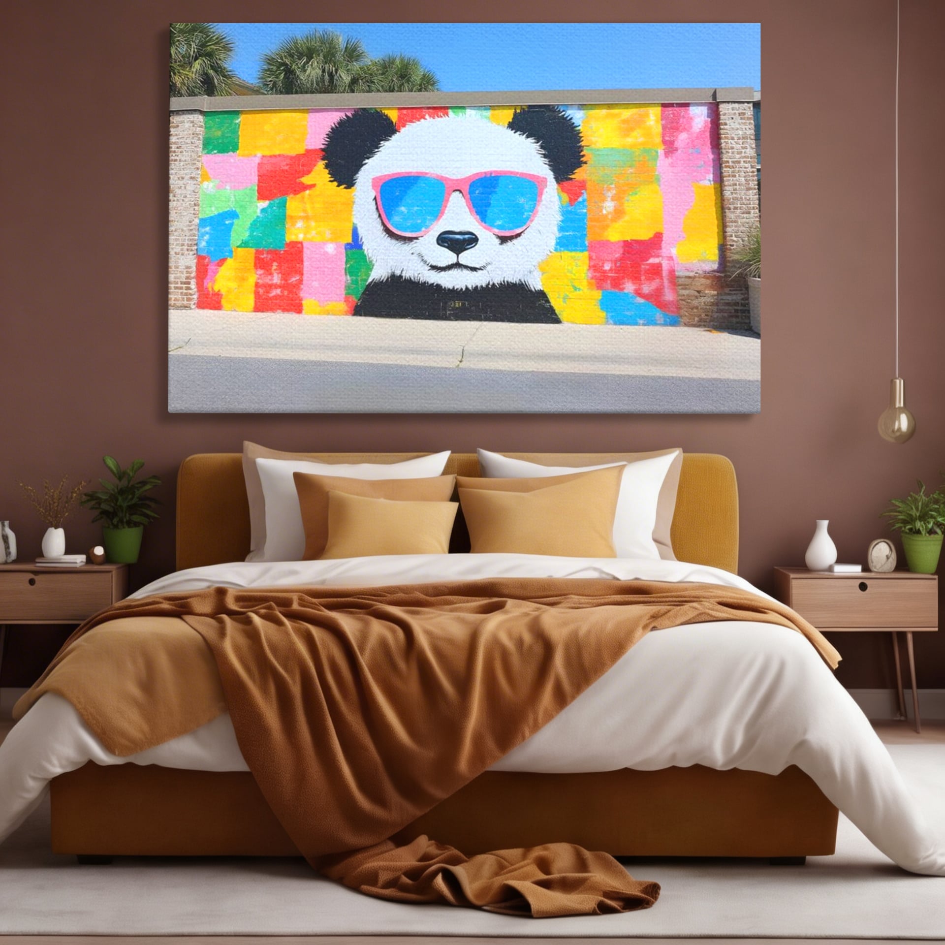 Tablou canvas cu tablou canvas cu panda grafitat, fara rama, pe sasiu de lemn, pe perete intr-un dormitor