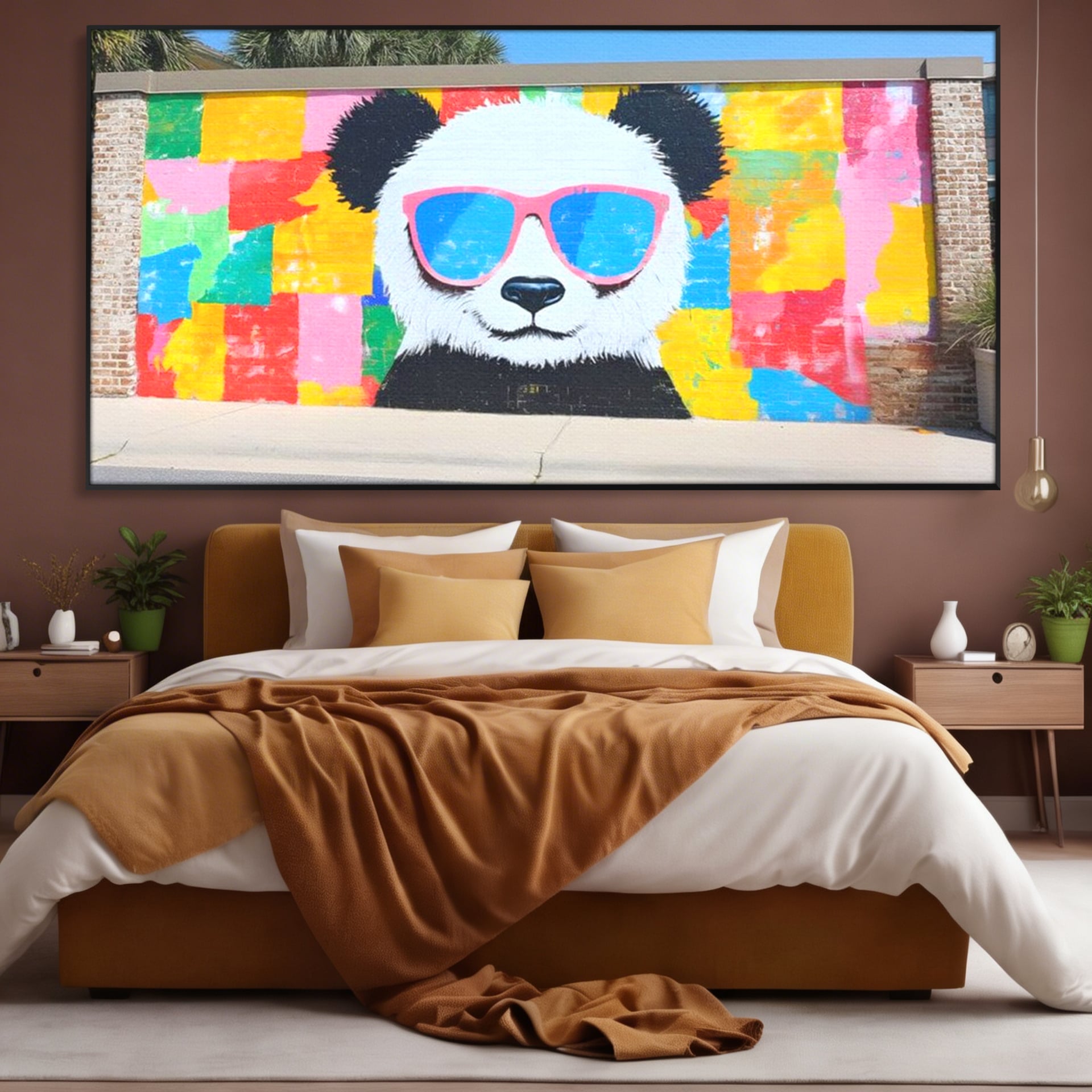 Tablou canvas cu tablou canvas cu panda grafitat, in rama de aluminiu negru, pe perete intr-un dormitor
