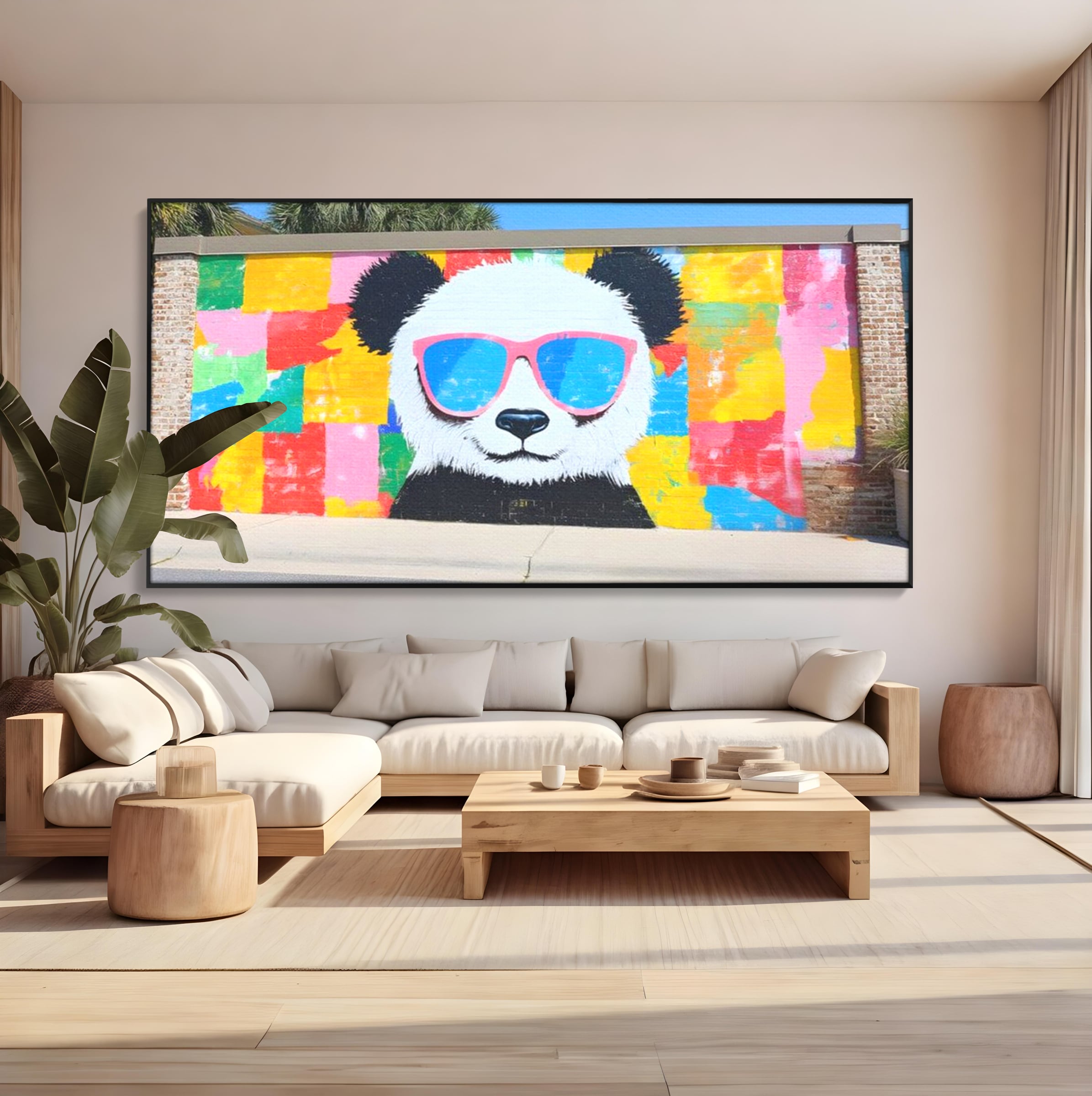 Tablou canvas cu tablou canvas cu panda grafitat, in rama de aluminiu negru, pe perete intr-un living