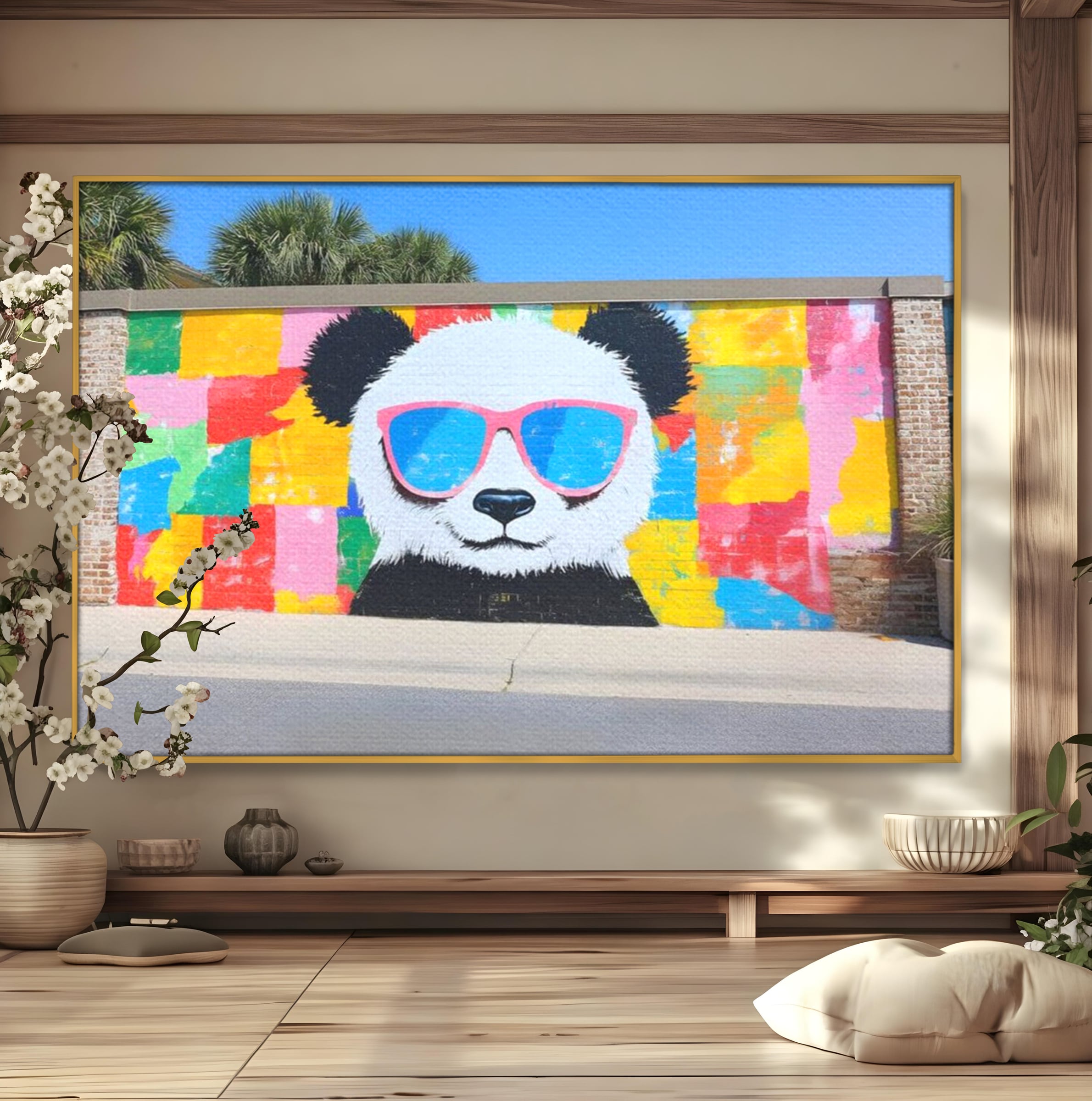 Tablou canvas cu tablou canvas cu panda grafitat, in rama de aluminiu auriu
