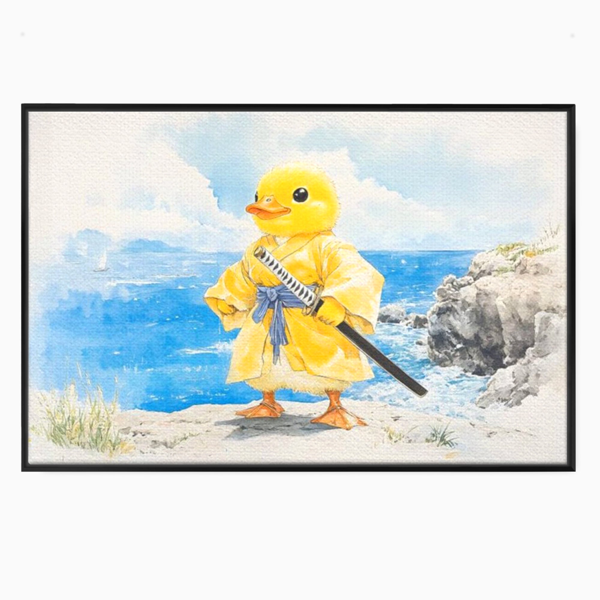 Tablou canvas cu rata samurai galben pe stanca, in rama de aluminiu negru