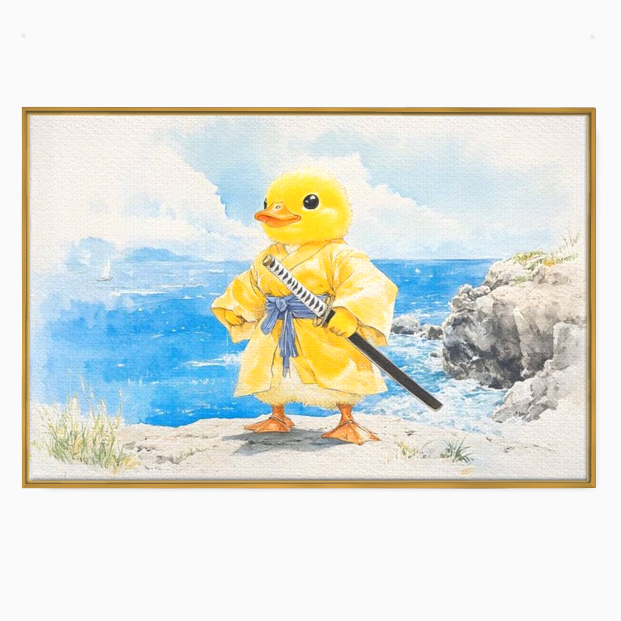 Tablou canvas cu rata samurai galben pe stanca, in rama de aluminiu auriu