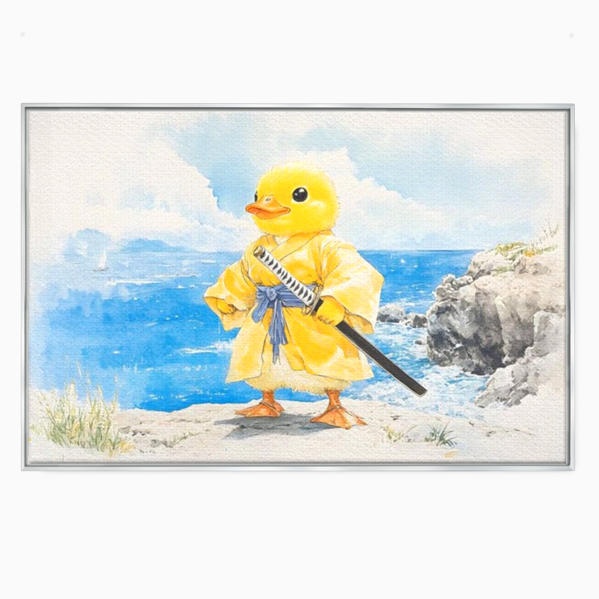 Tablou canvas cu rata samurai galben pe stanca, in rama de aluminiu argintiu
