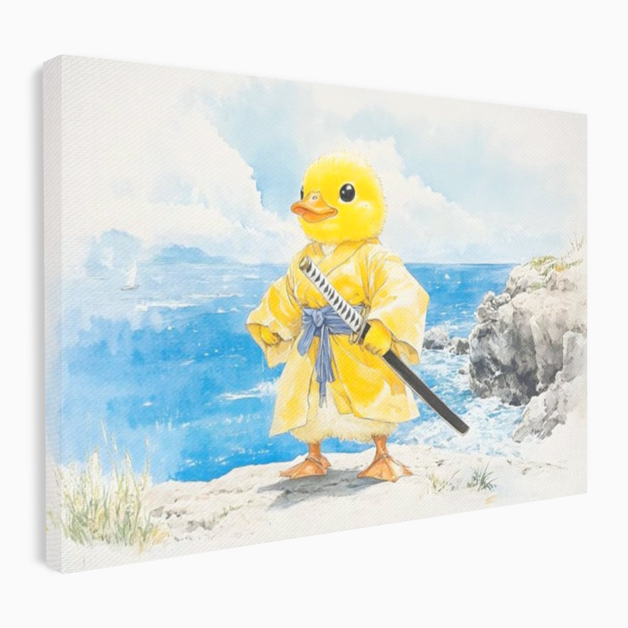 Tablou canvas cu rata samurai galben pe stanca, fara rama, pe sasiu de lemn