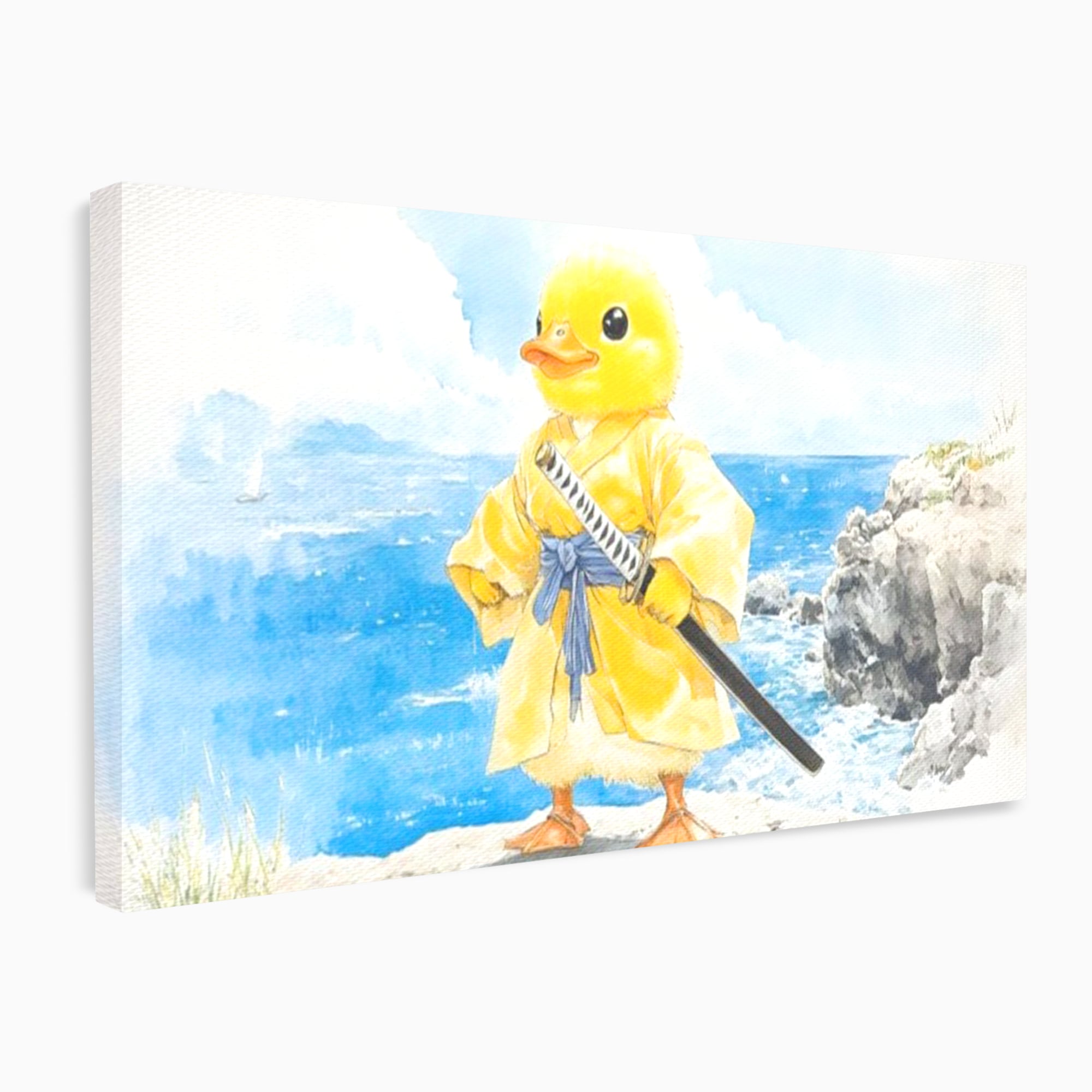 Tablou canvas cu rata samurai galben pe stanca, fara rama, pe sasiu de lemn