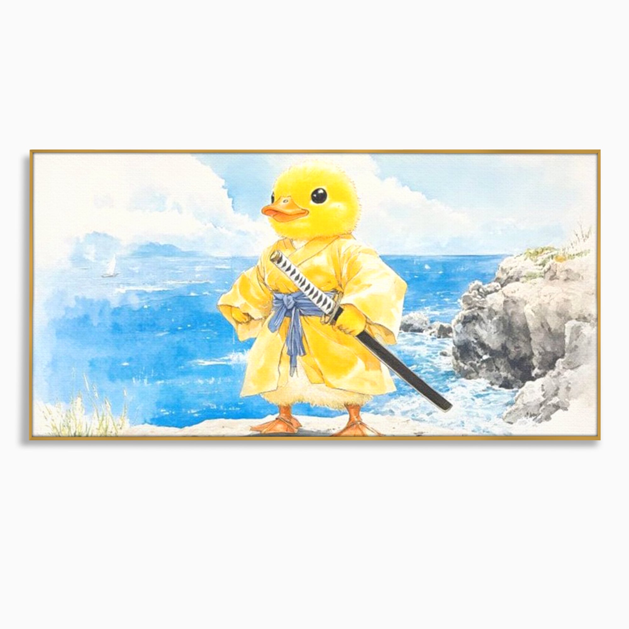 Tablou canvas cu rata samurai galben pe stanca, in rama de aluminiu auriu