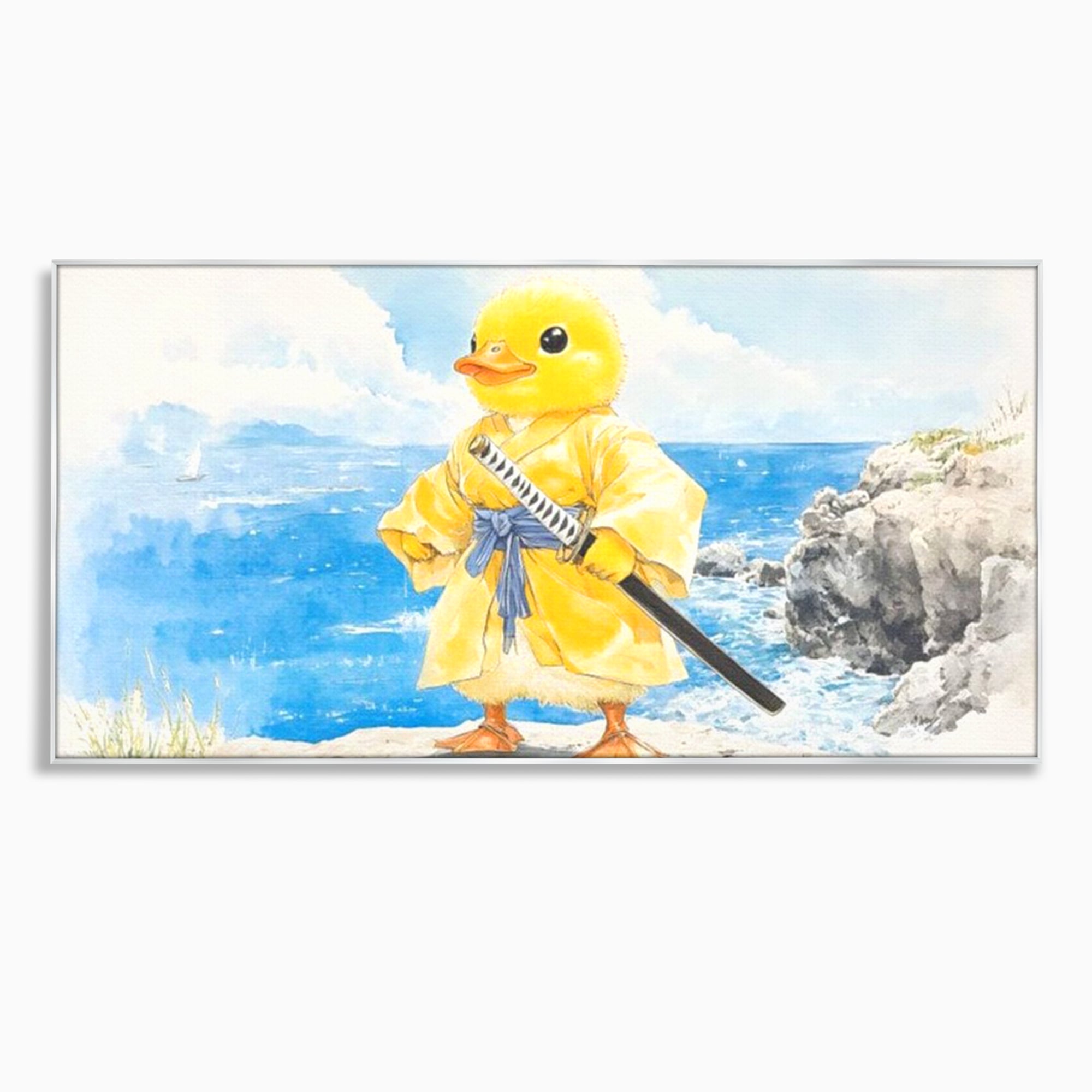 Tablou canvas cu rata samurai galben pe stanca, in rama de aluminiu argintiu
