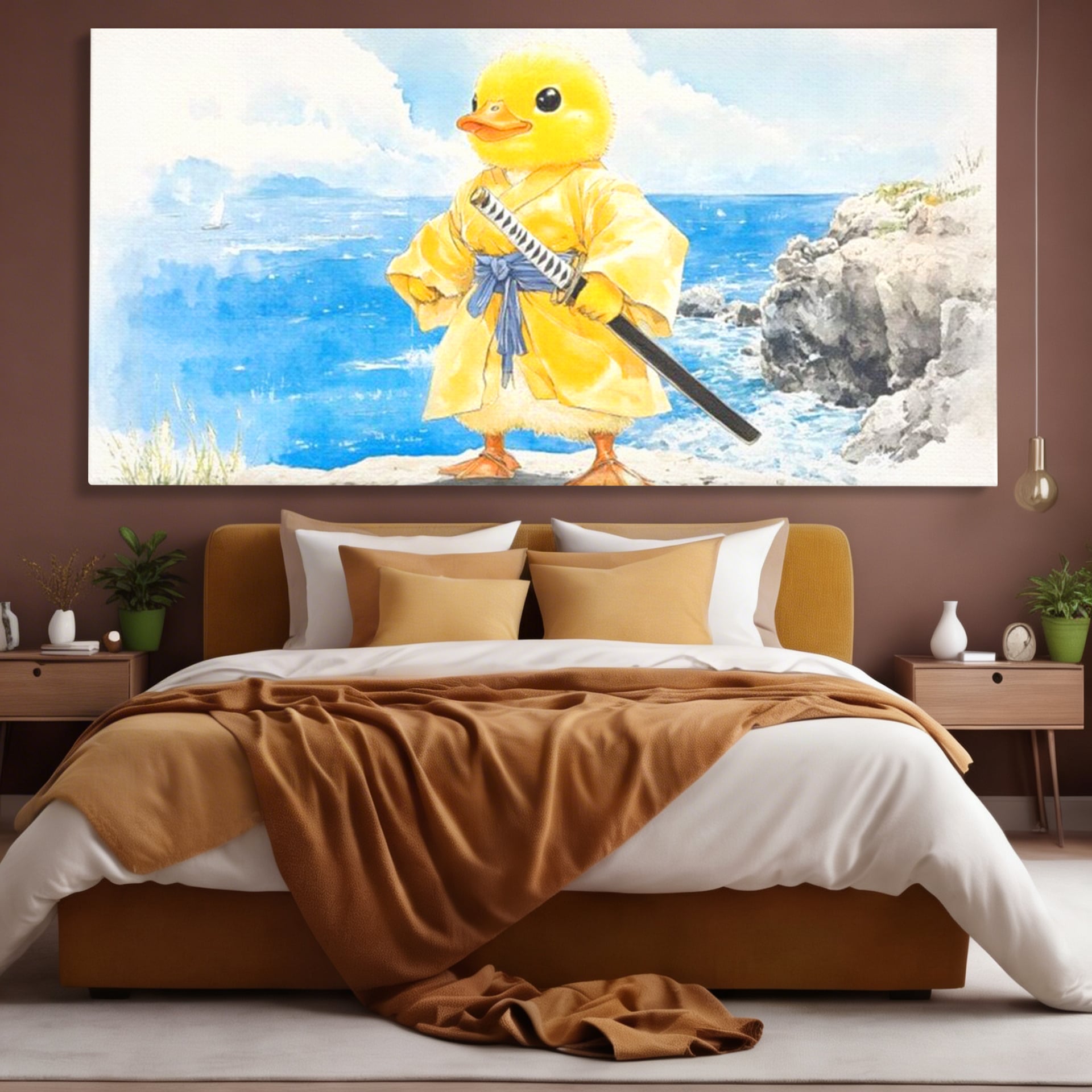 Tablou canvas cu rata samurai galben pe stanca, fara rama, pe sasiu de lemn, pe perete intr-un dormitor