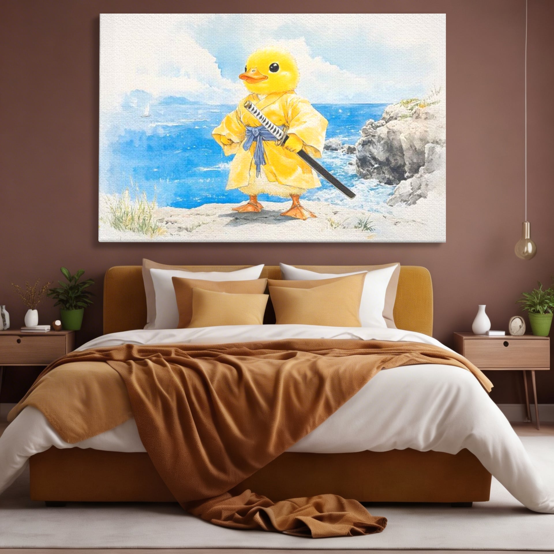 Tablou canvas cu rata samurai galben pe stanca, fara rama, pe sasiu de lemn, pe perete intr-un dormitor
