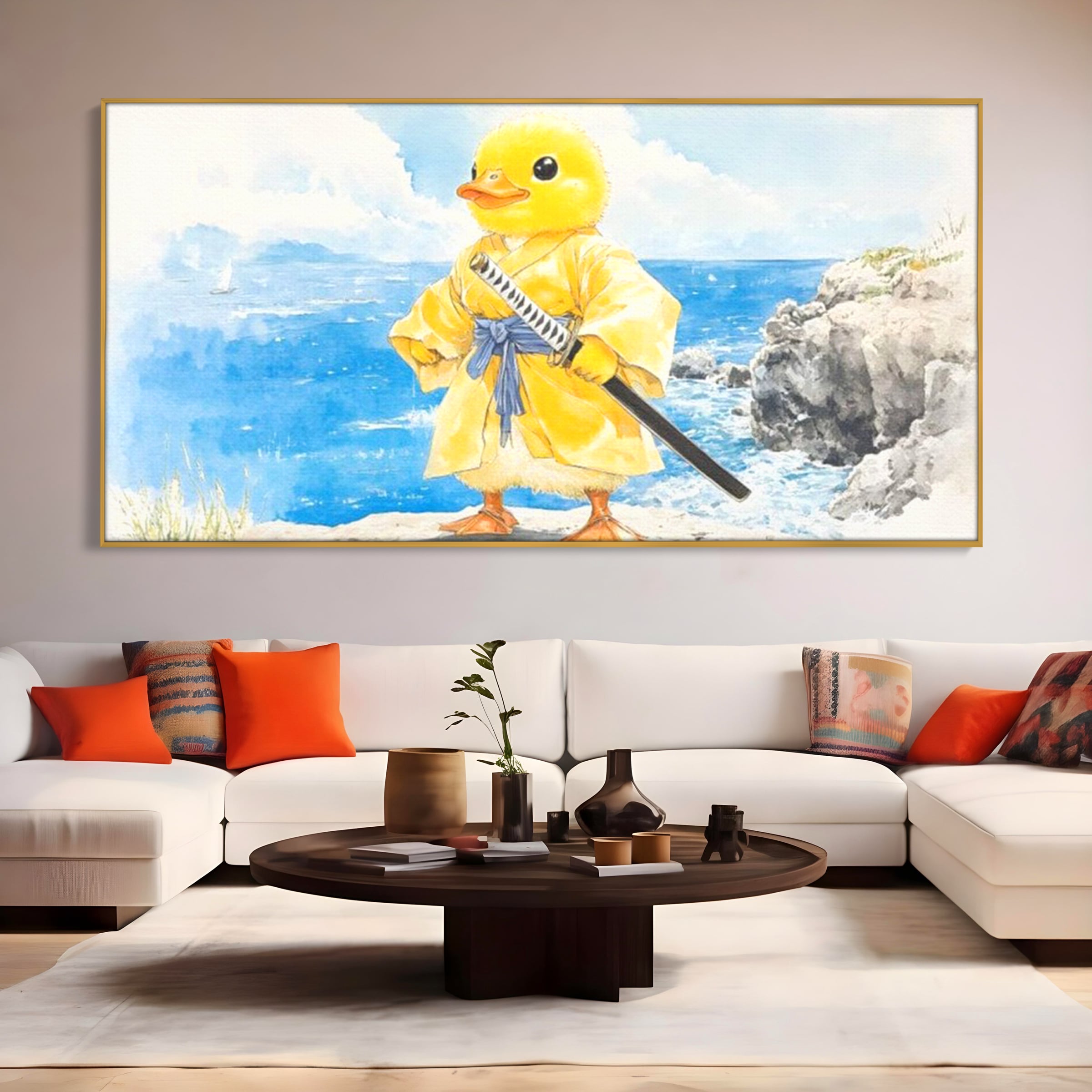 Tablou canvas cu rata samurai galben pe stanca, in rama de aluminiu auriu, pe perete intr-un living