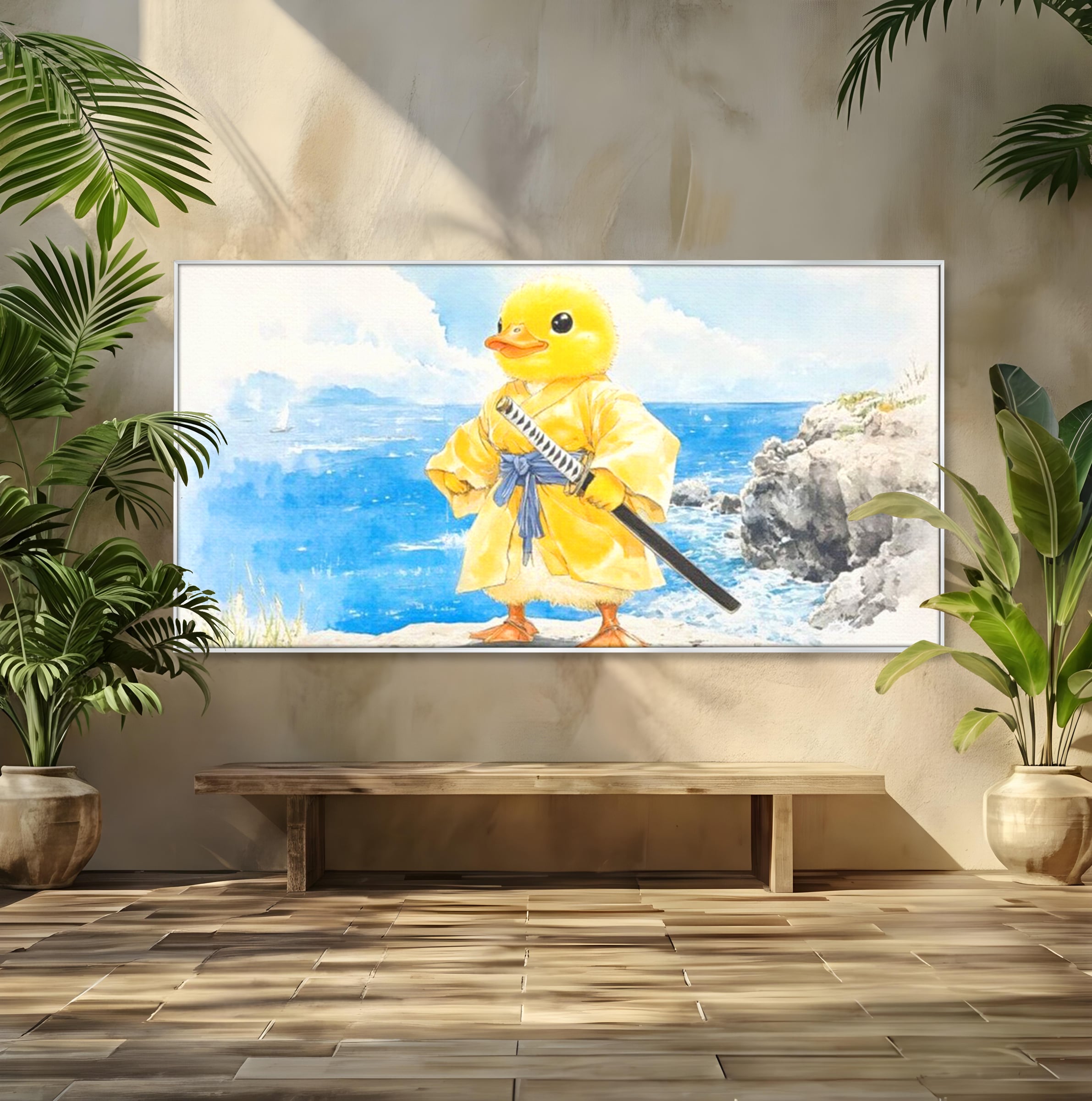 Tablou canvas cu rata samurai galben pe stanca, in rama de aluminiu argintiu