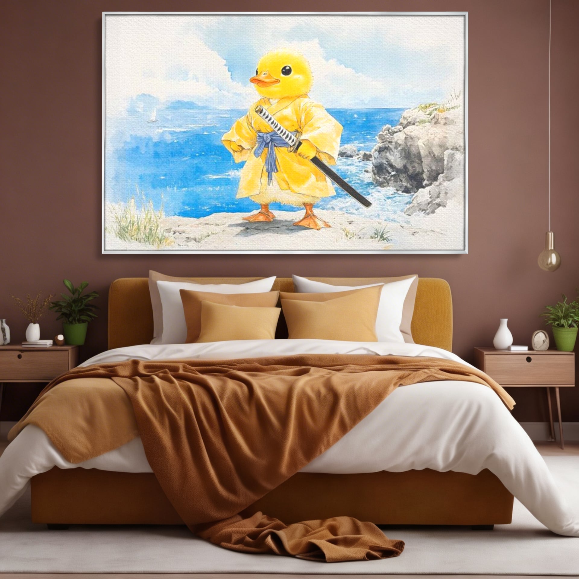 Tablou canvas cu rata samurai galben pe stanca, in rama de aluminiu argintiu, pe perete intr-un dormitor