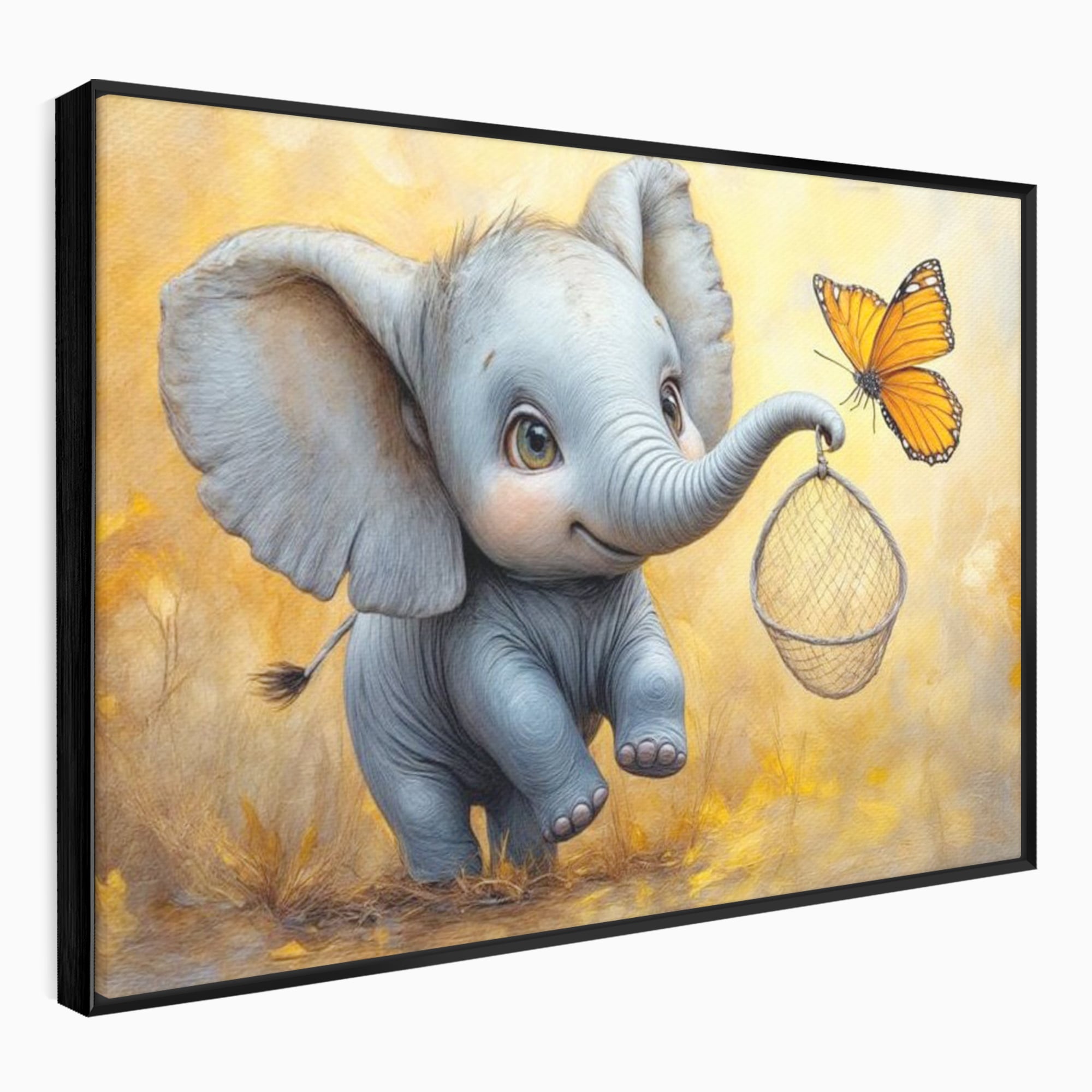Tablou canvas cu ilustratie cu elefantel si fluture, in rama de aluminiu negru
