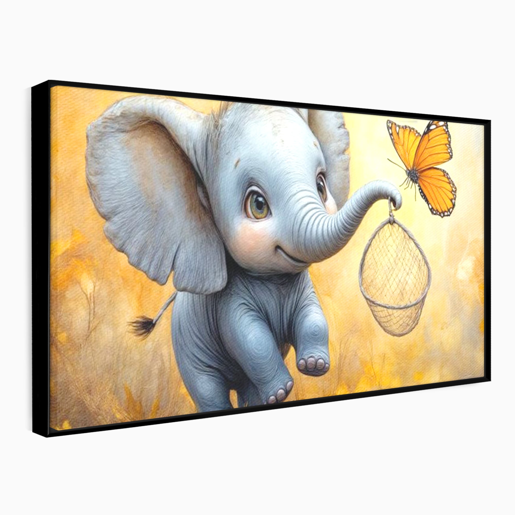 Tablou canvas cu ilustratie cu elefantel si fluture, in rama de aluminiu negru