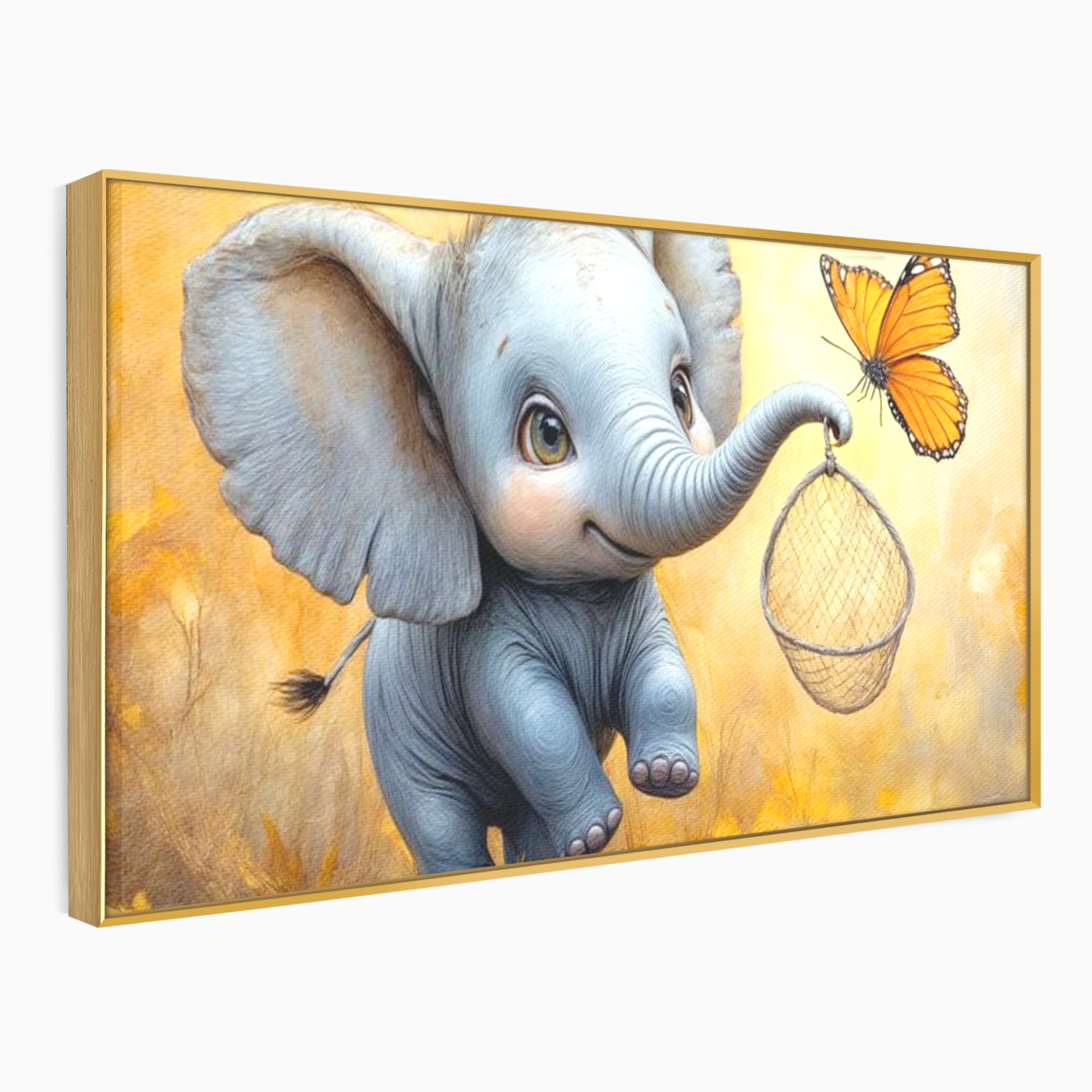 Tablou canvas cu ilustratie cu elefantel si fluture, in rama de aluminiu auriu