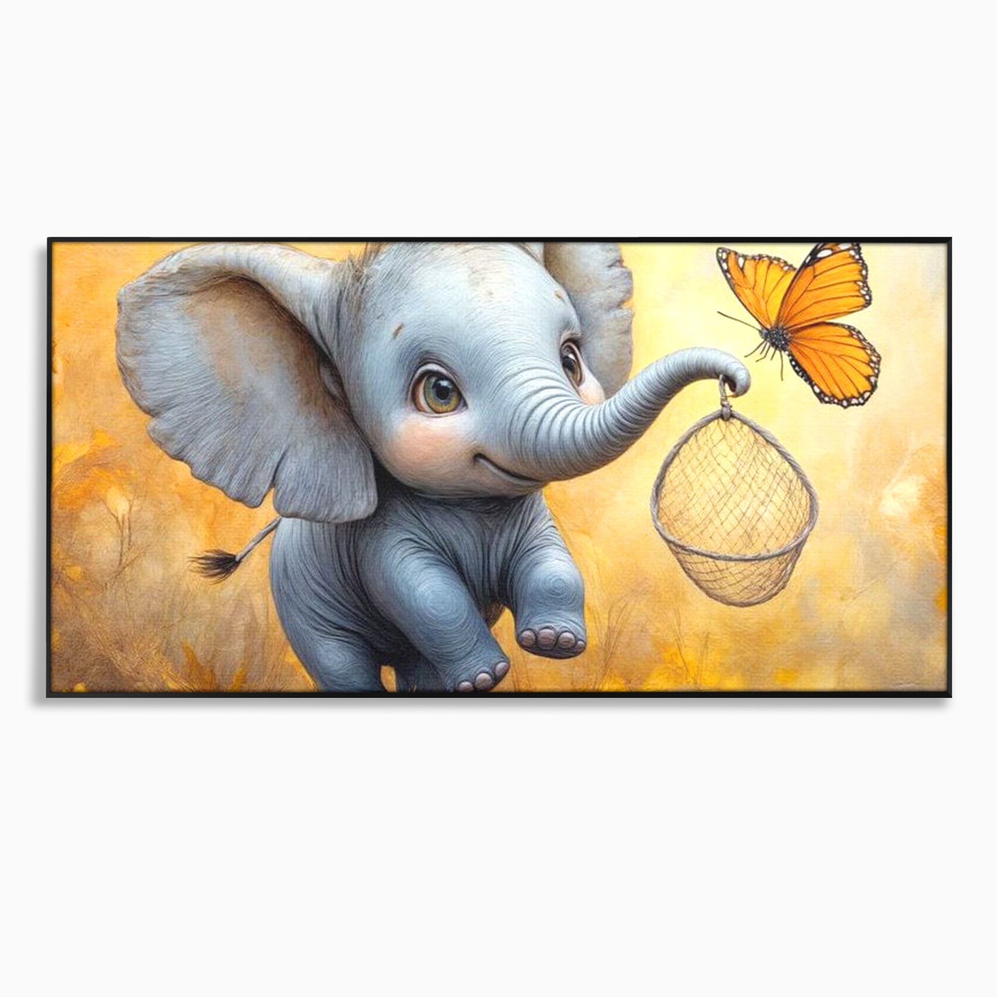 Tablou canvas cu ilustratie cu elefantel si fluture, in rama de aluminiu negru