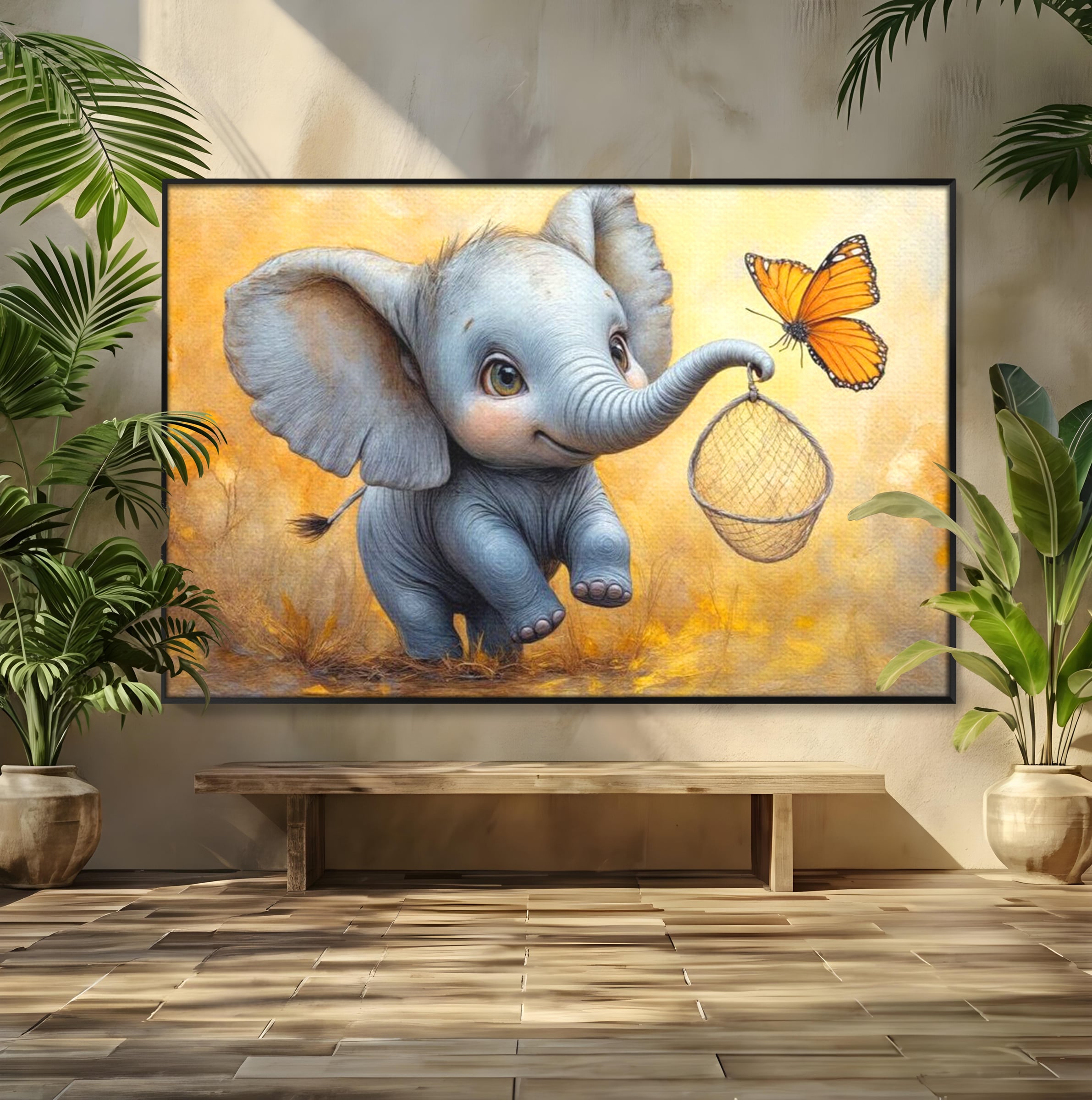 Tablou canvas cu ilustratie cu elefantel si fluture, in rama de aluminiu negru