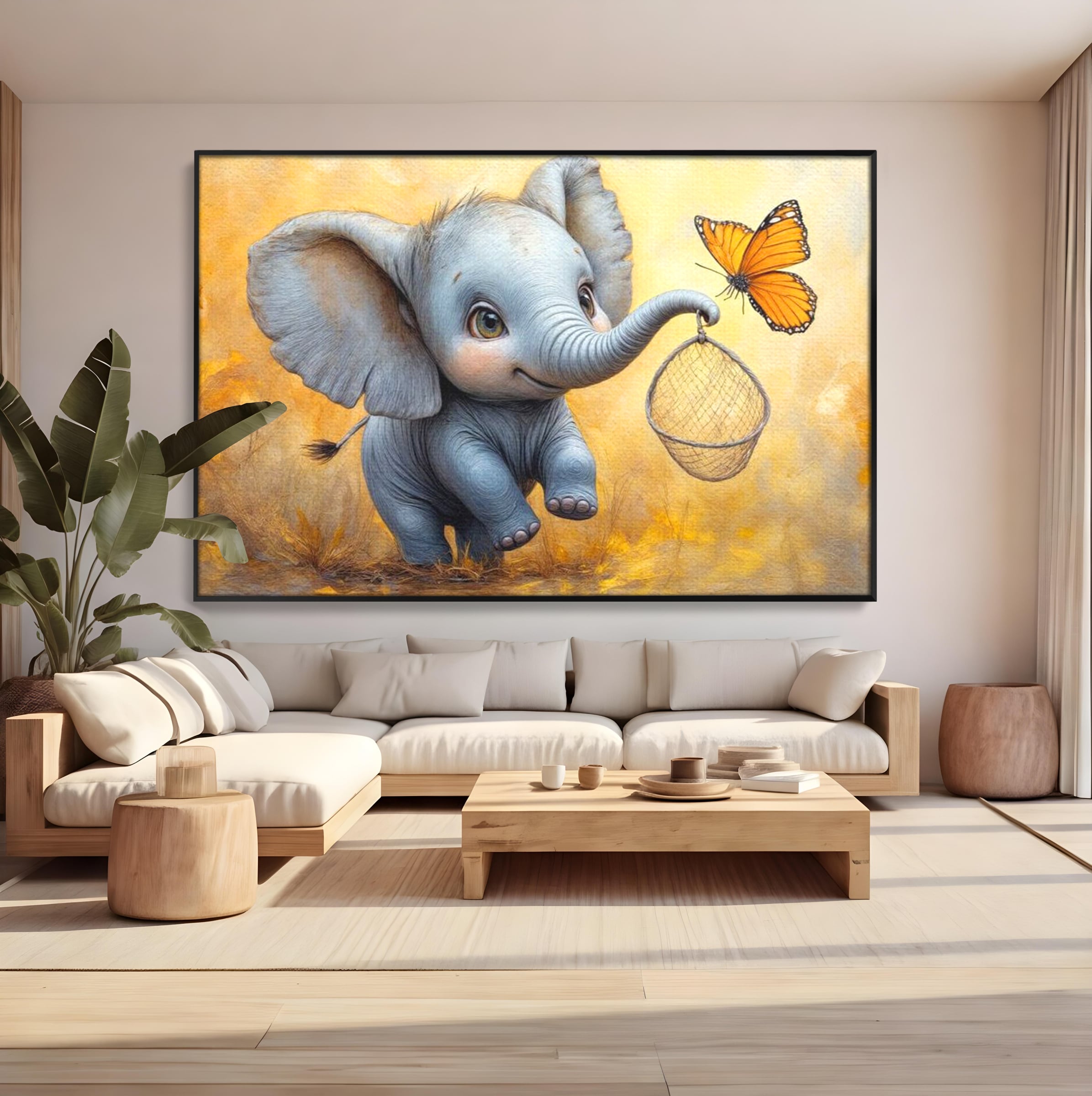 Tablou canvas cu ilustratie cu elefantel si fluture, in rama de aluminiu negru, pe perete intr-un living