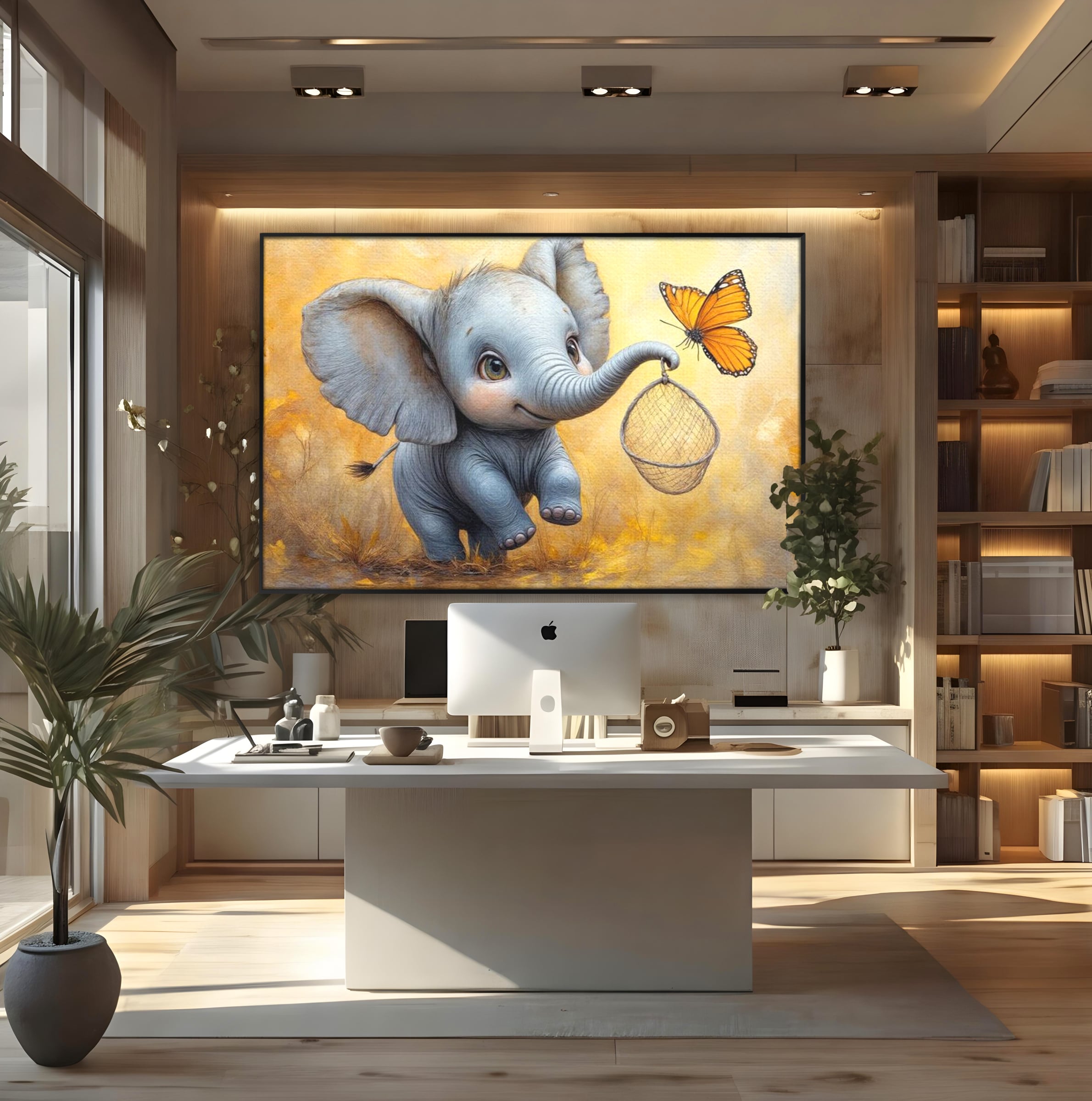 Tablou canvas cu ilustratie cu elefantel si fluture, in rama de aluminiu negru, pe perete intr-un birou