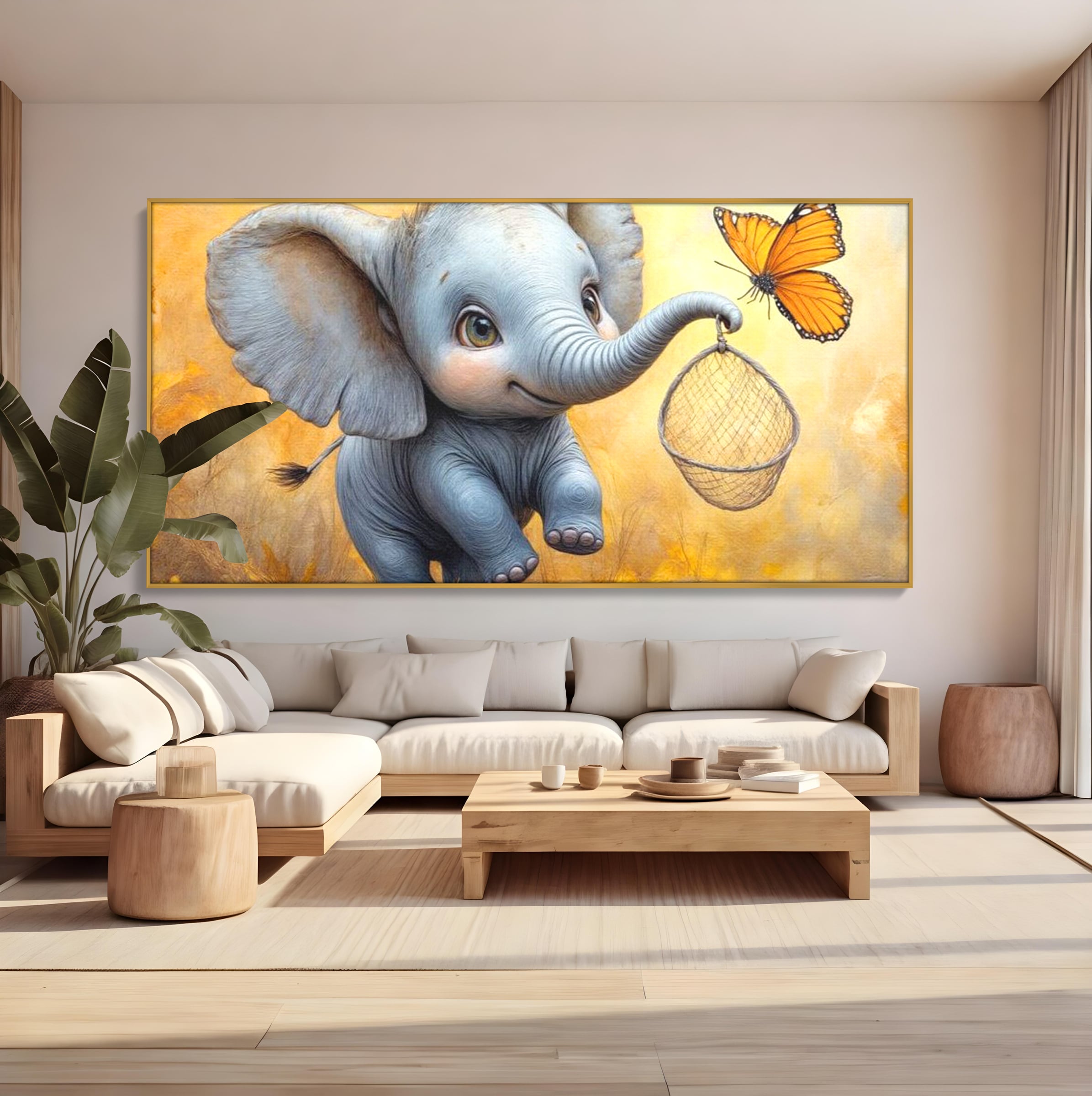 Tablou canvas cu ilustratie cu elefantel si fluture, in rama de aluminiu auriu, pe perete intr-un living