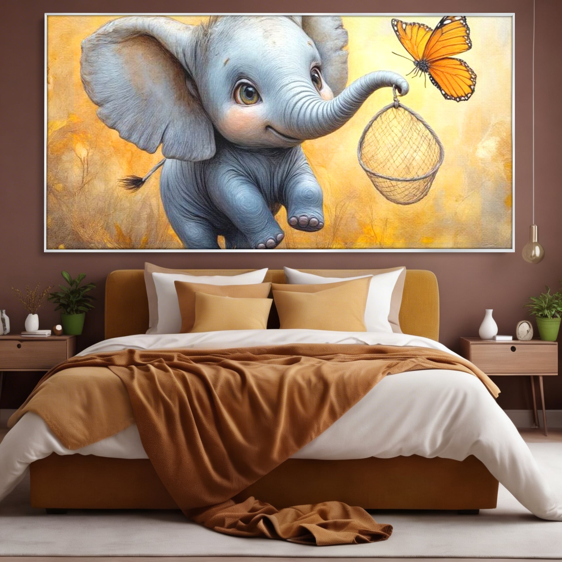 Tablou canvas cu ilustratie cu elefantel si fluture, in rama de aluminiu argintiu, pe perete intr-un dormitor