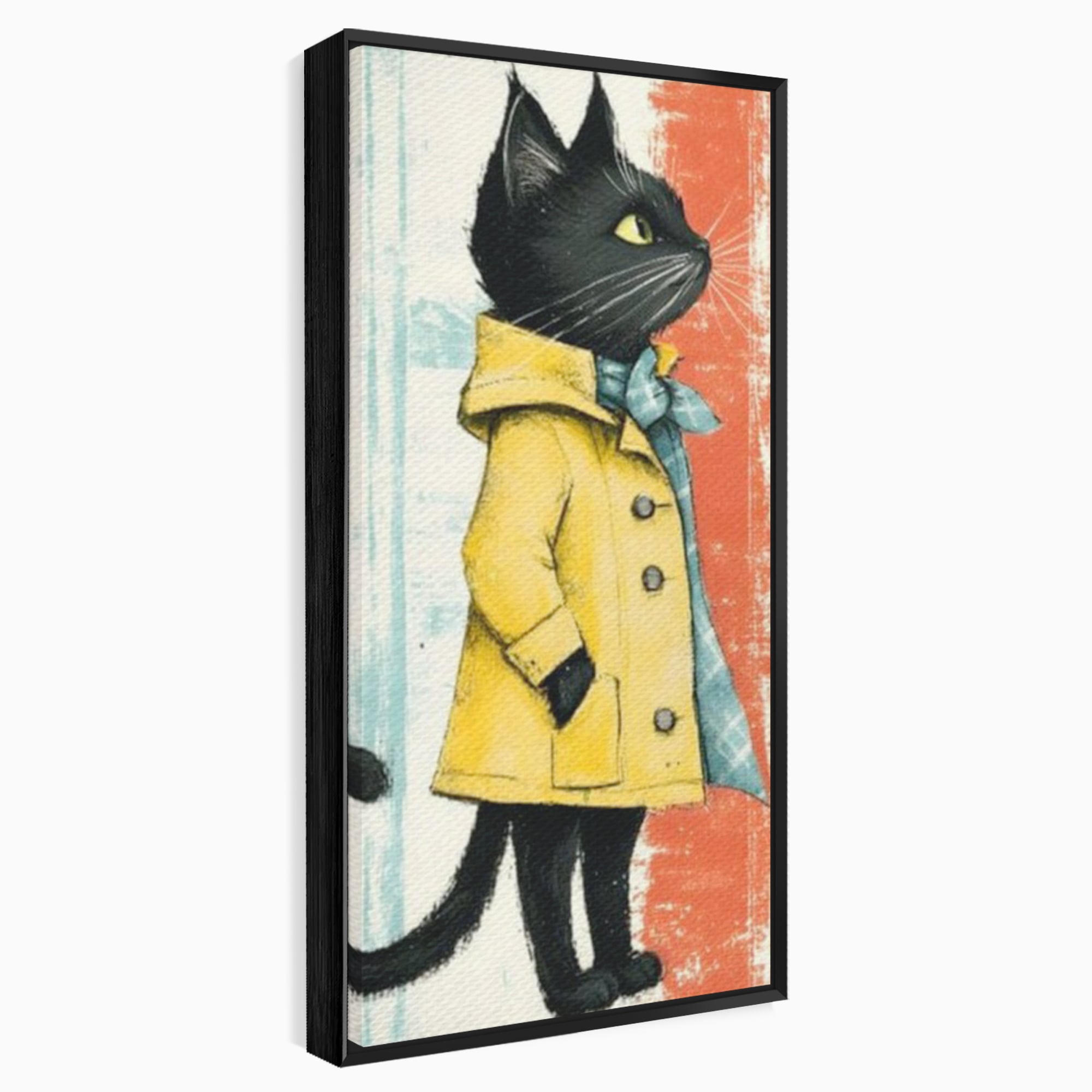 Tablou canvas cu ilustratie cu pisica in pelerina galben, in rama de aluminiu negru