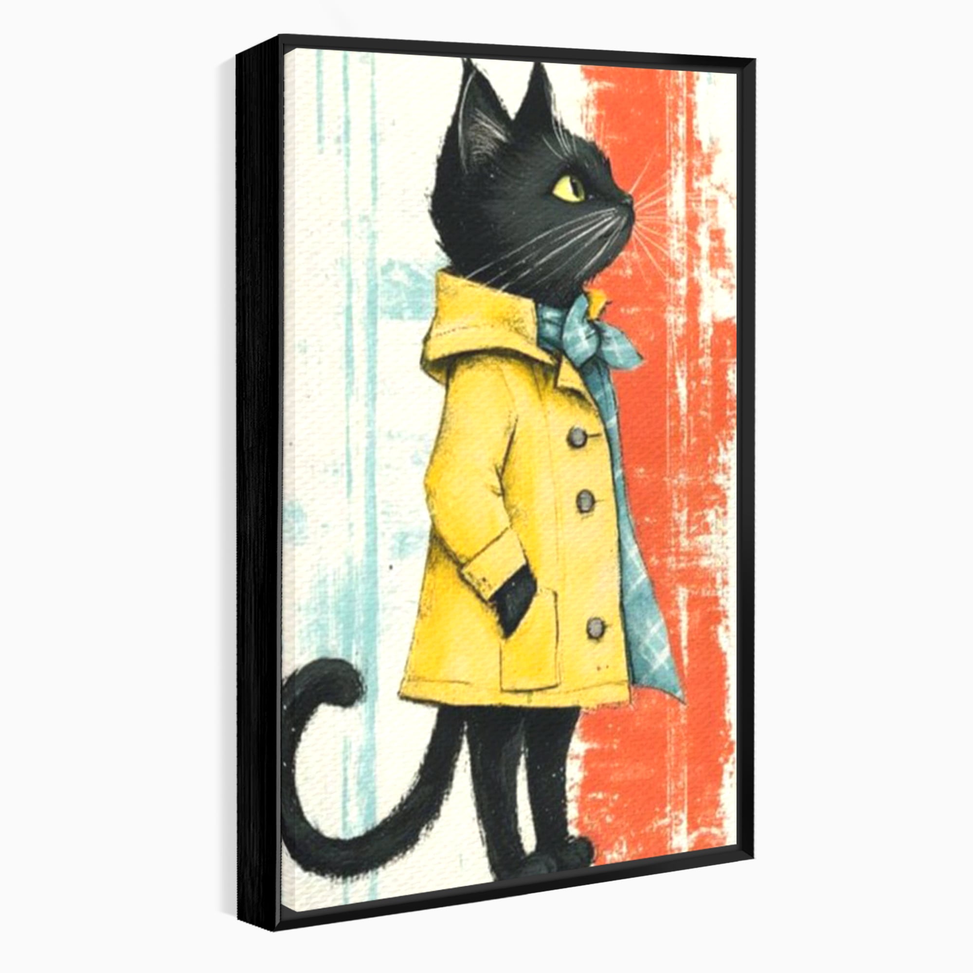 Tablou canvas cu ilustratie cu pisica in pelerina galben, in rama de aluminiu negru