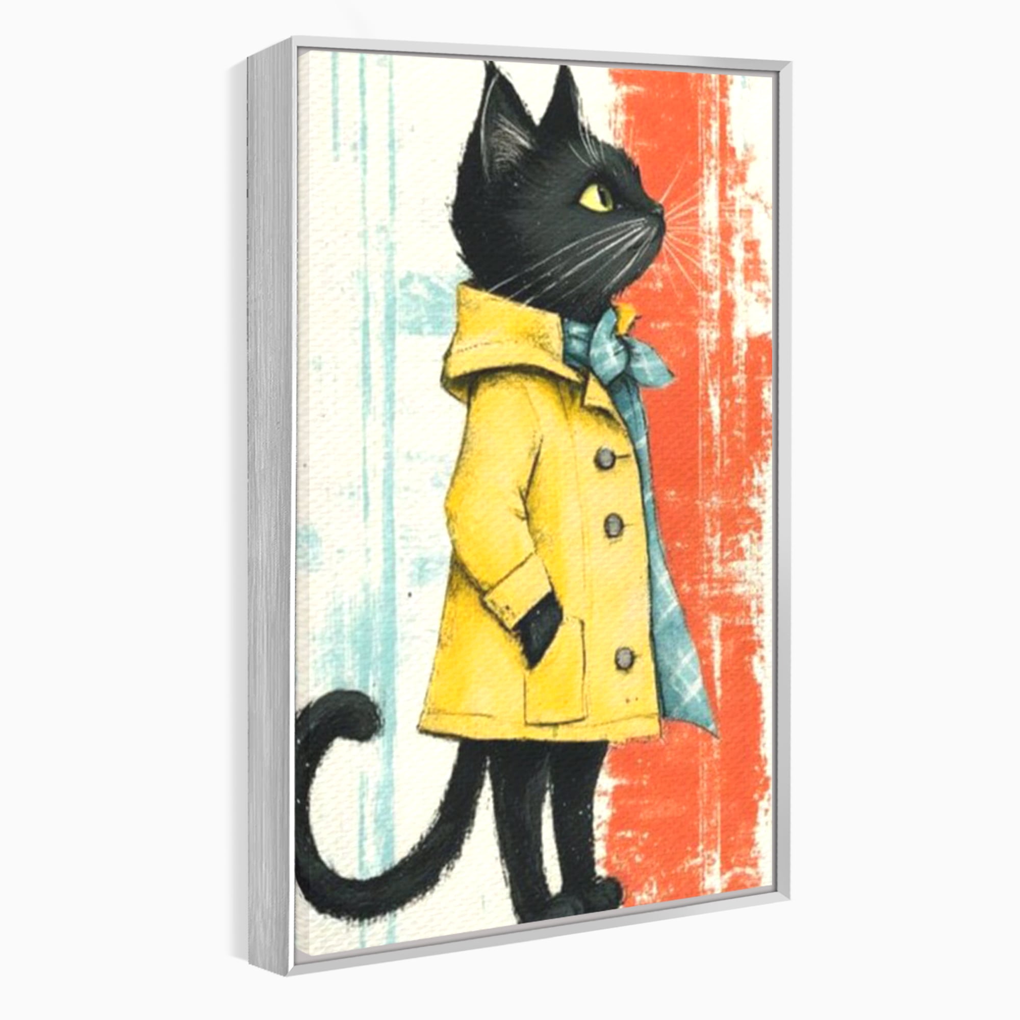 Tablou canvas cu ilustratie cu pisica in pelerina galben, in rama de aluminiu argintiu