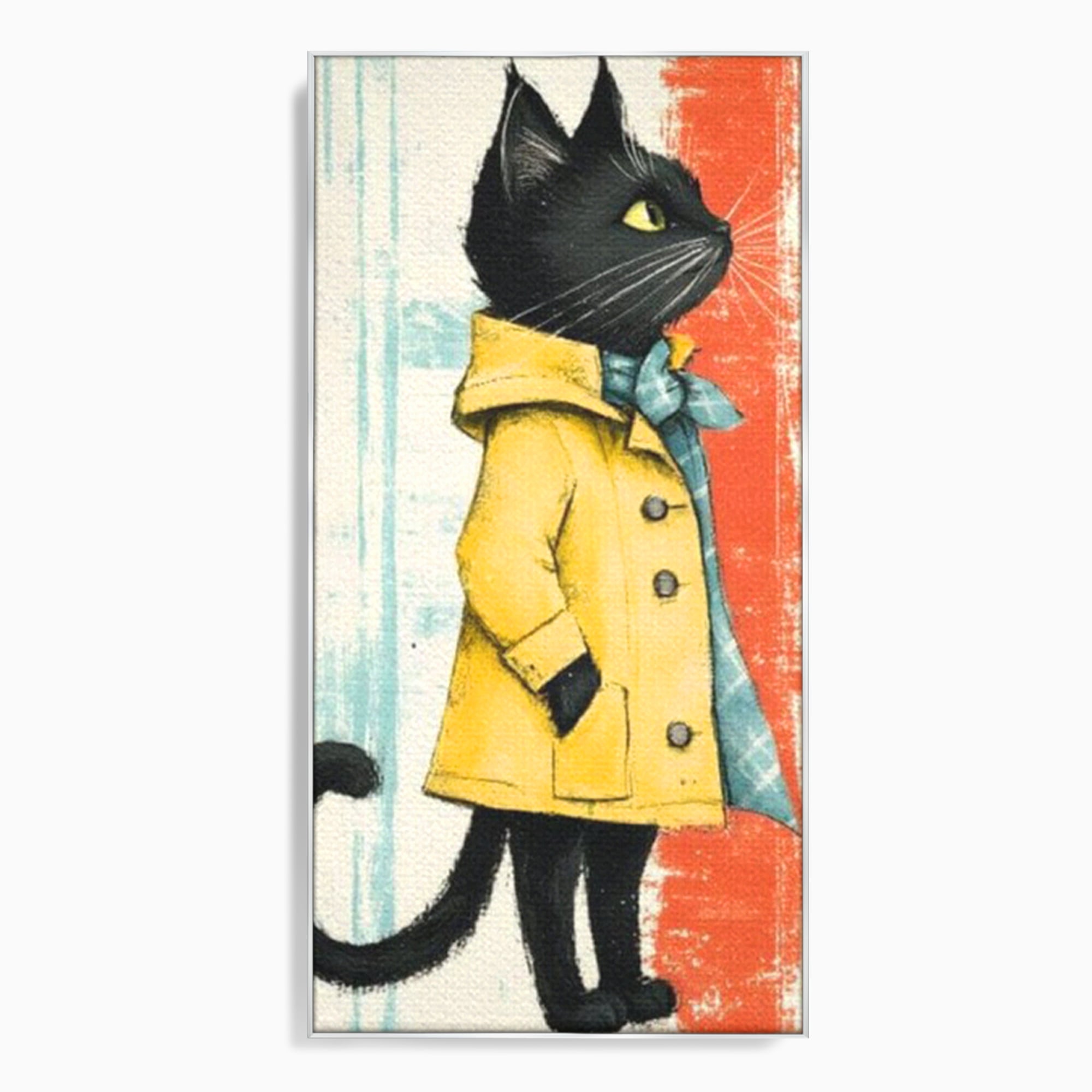 Tablou canvas cu ilustratie cu pisica in pelerina galben, in rama de aluminiu argintiu