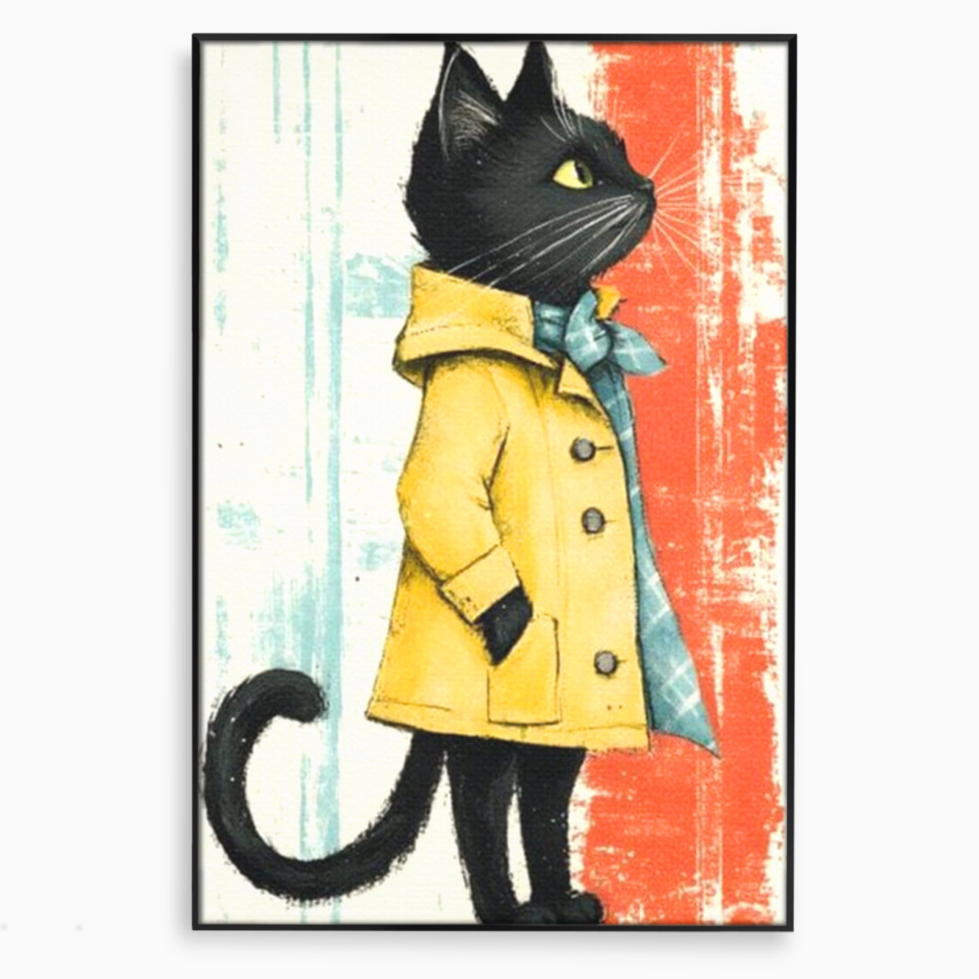 Tablou canvas cu ilustratie cu pisica in pelerina galben, in rama de aluminiu negru