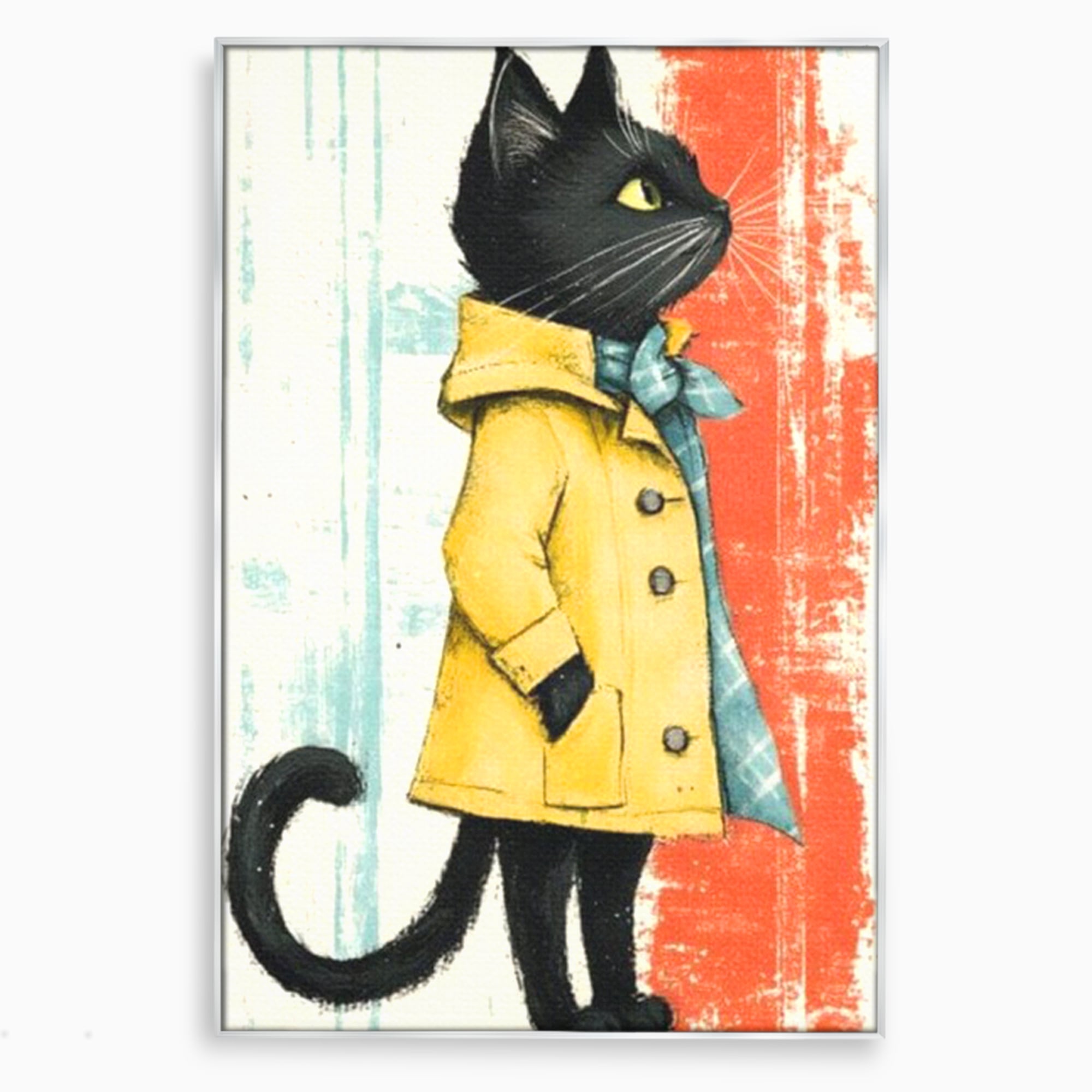 Tablou canvas cu ilustratie cu pisica in pelerina galben, in rama de aluminiu argintiu