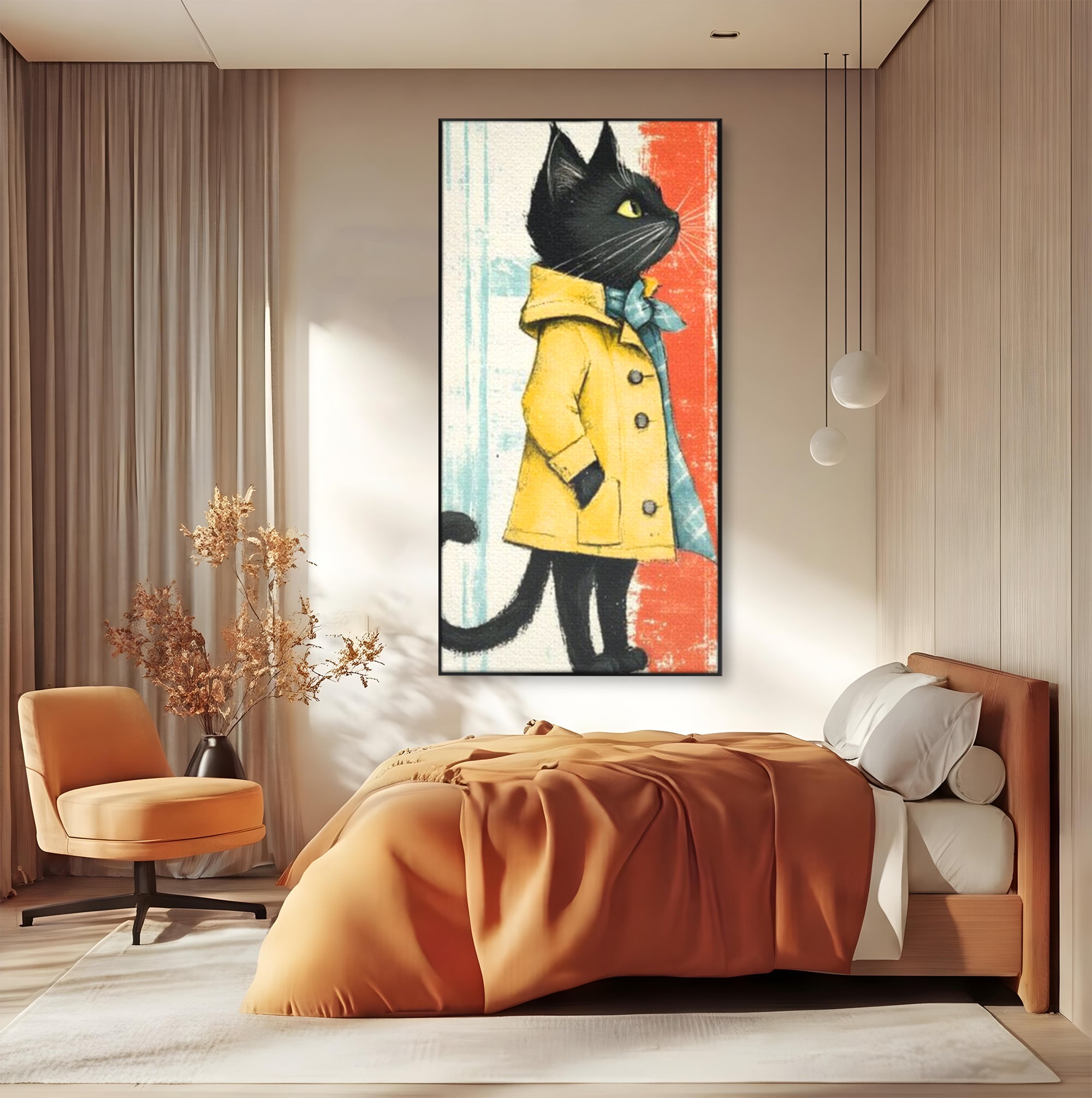 Tablou canvas cu ilustratie cu pisica in pelerina galben, in rama de aluminiu negru, pe perete intr-un dormitor