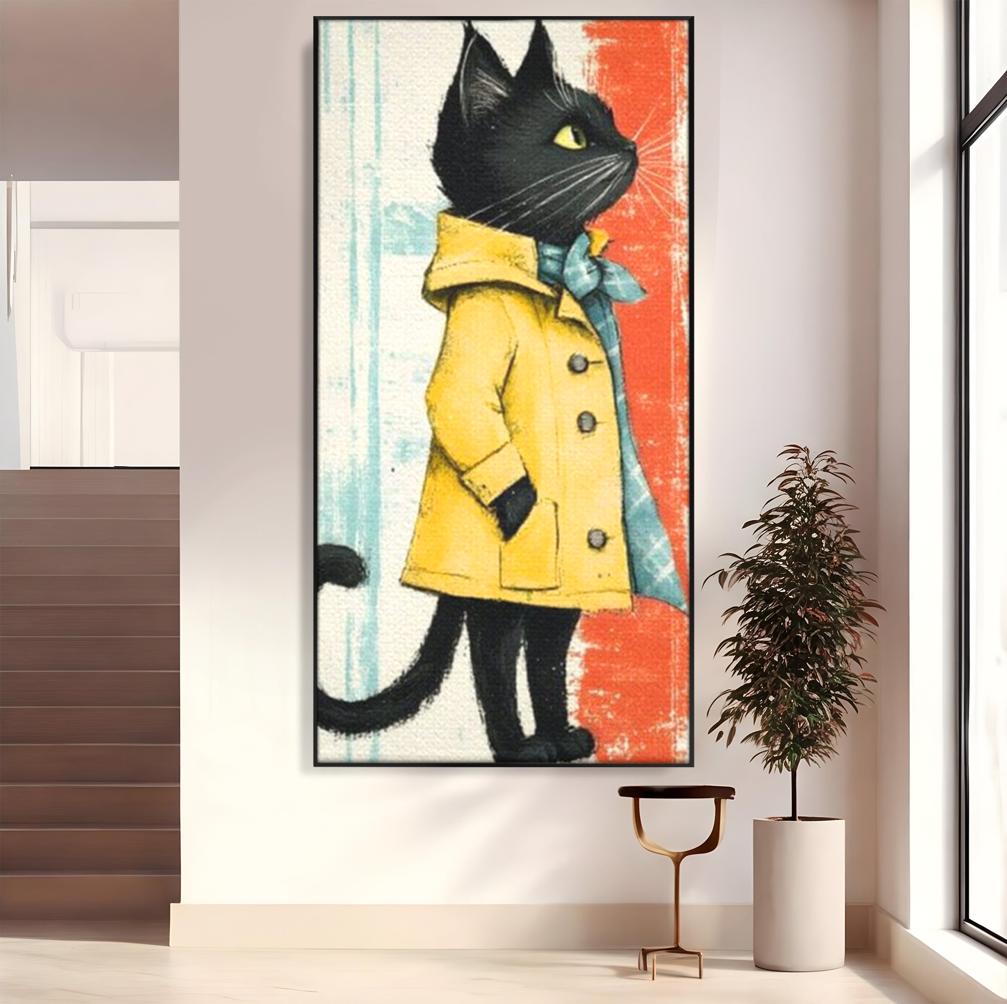 Tablou canvas cu ilustratie cu pisica in pelerina galben, in rama de aluminiu negru