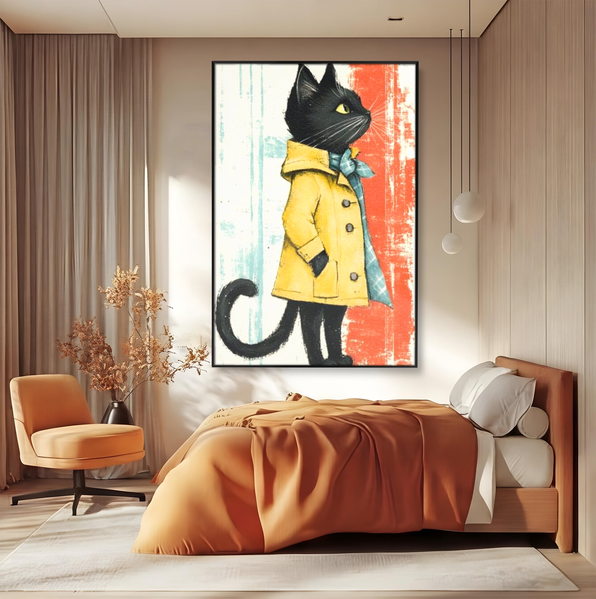 Tablou canvas cu ilustratie cu pisica in pelerina galben, in rama de aluminiu negru, pe perete intr-un dormitor