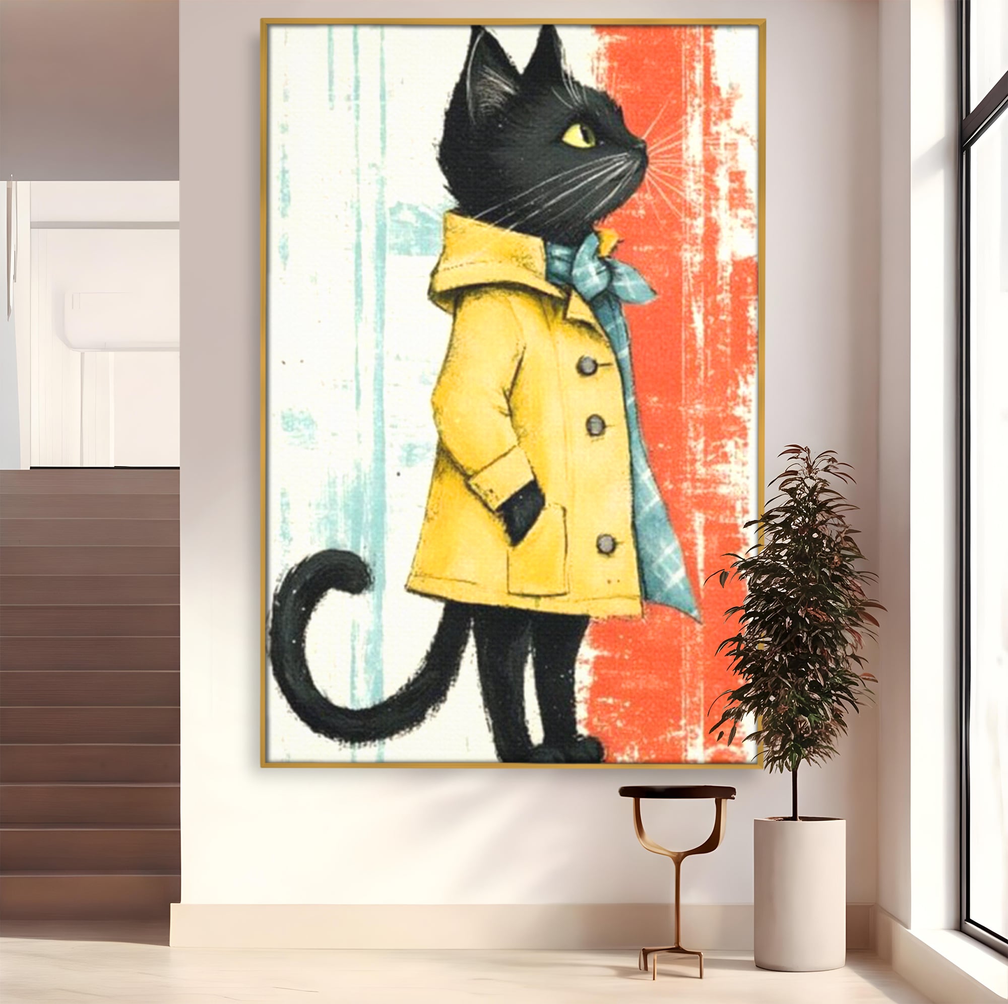 Tablou canvas cu ilustratie cu pisica in pelerina galben, in rama de aluminiu auriu