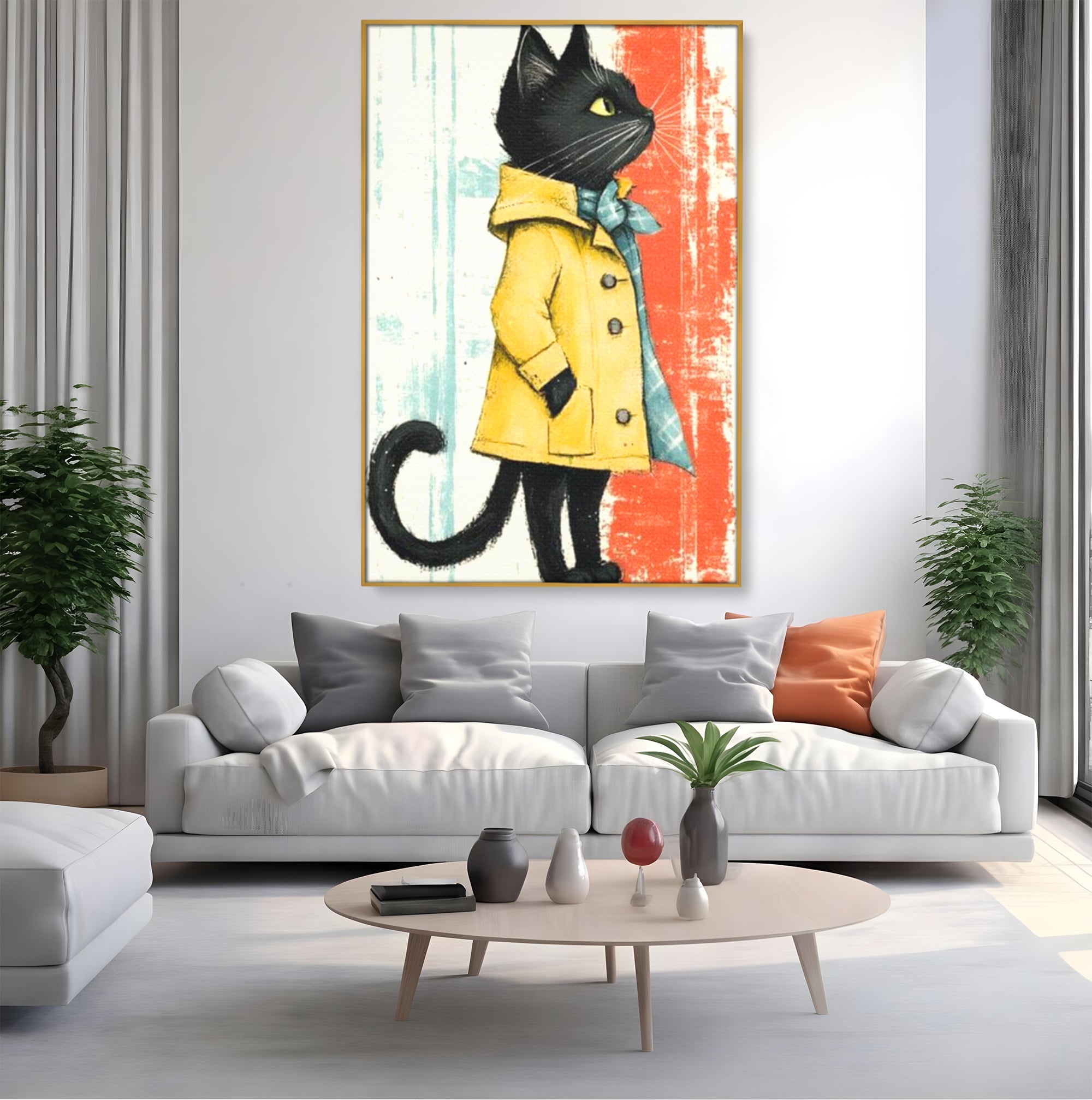 Tablou canvas cu ilustratie cu pisica in pelerina galben, in rama de aluminiu auriu, pe perete intr-un living