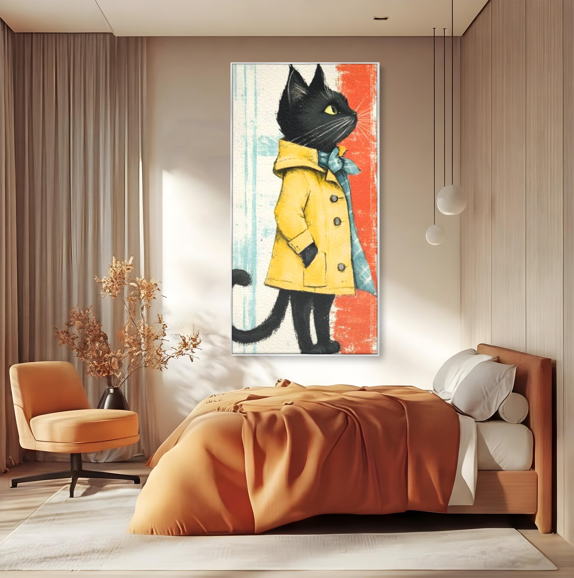 Tablou canvas cu ilustratie cu pisica in pelerina galben, in rama de aluminiu argintiu, pe perete intr-un dormitor