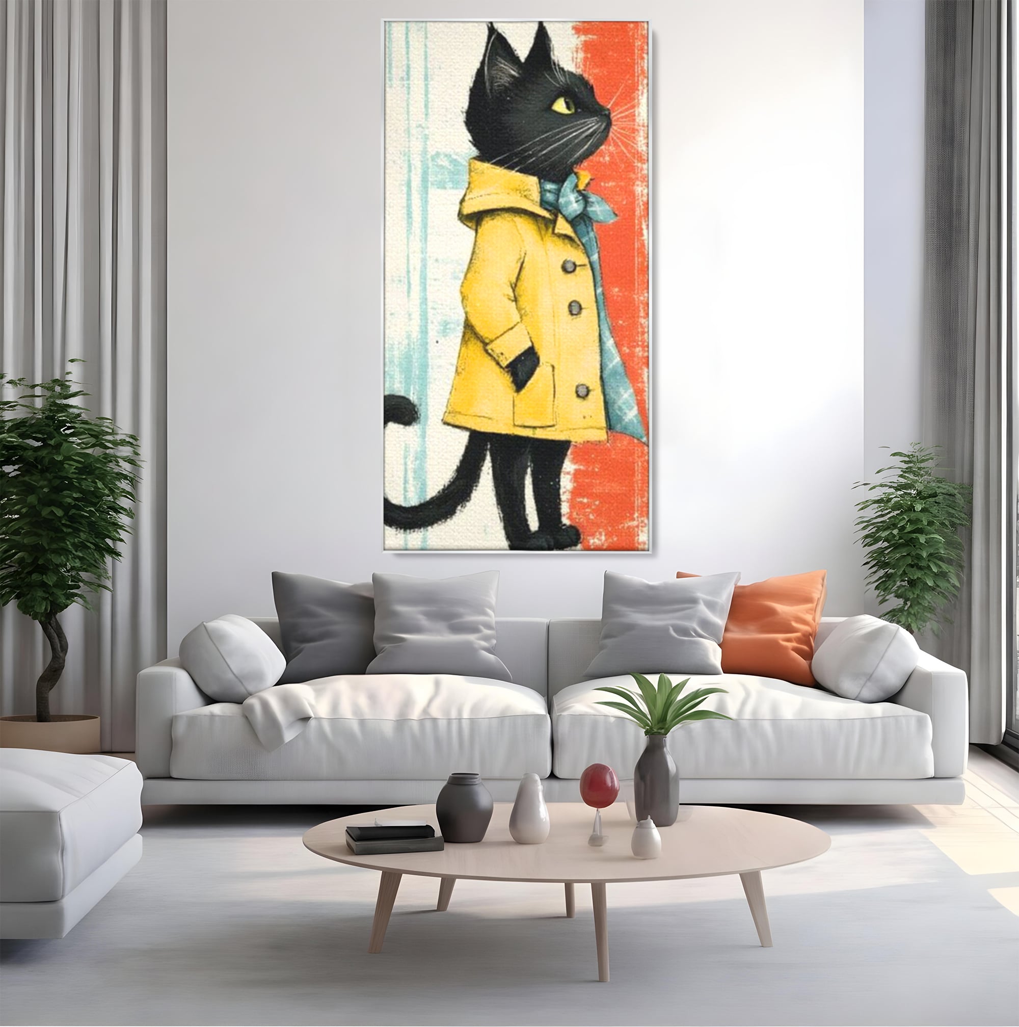 Tablou canvas cu ilustratie cu pisica in pelerina galben, in rama de aluminiu argintiu, pe perete intr-un living