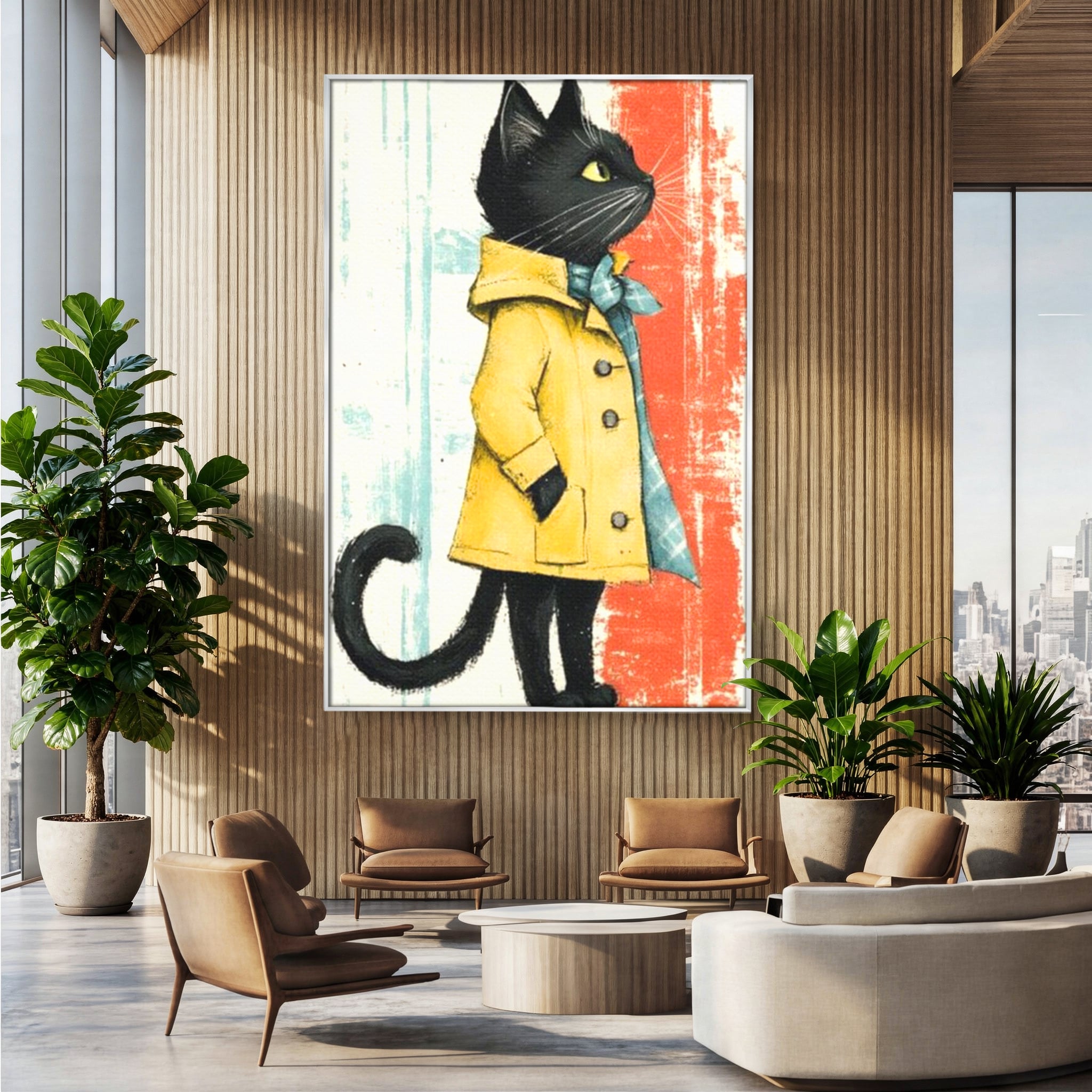 Tablou canvas cu ilustratie cu pisica in pelerina galben, in rama de aluminiu argintiu, pe perete intr-un birou