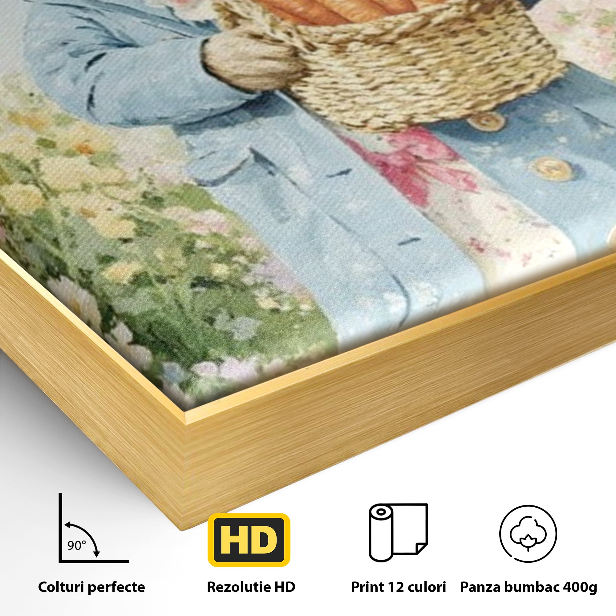 Detaliu al suprafetei: tablou canvas cu iepuras in haina albastra, in rama de aluminiu auriu