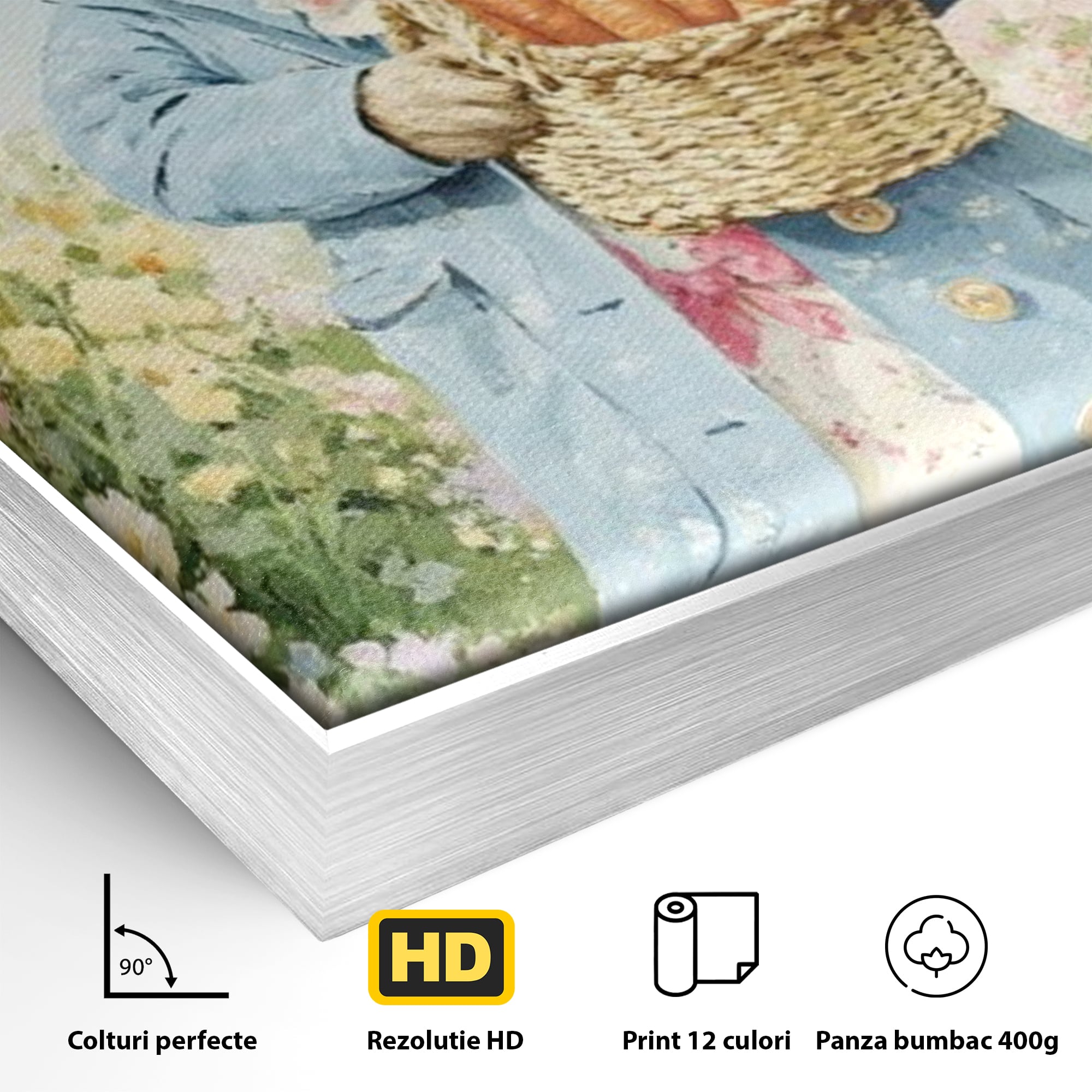 Detaliu al suprafetei: tablou canvas cu iepuras in haina albastra, in rama de aluminiu argintiu
