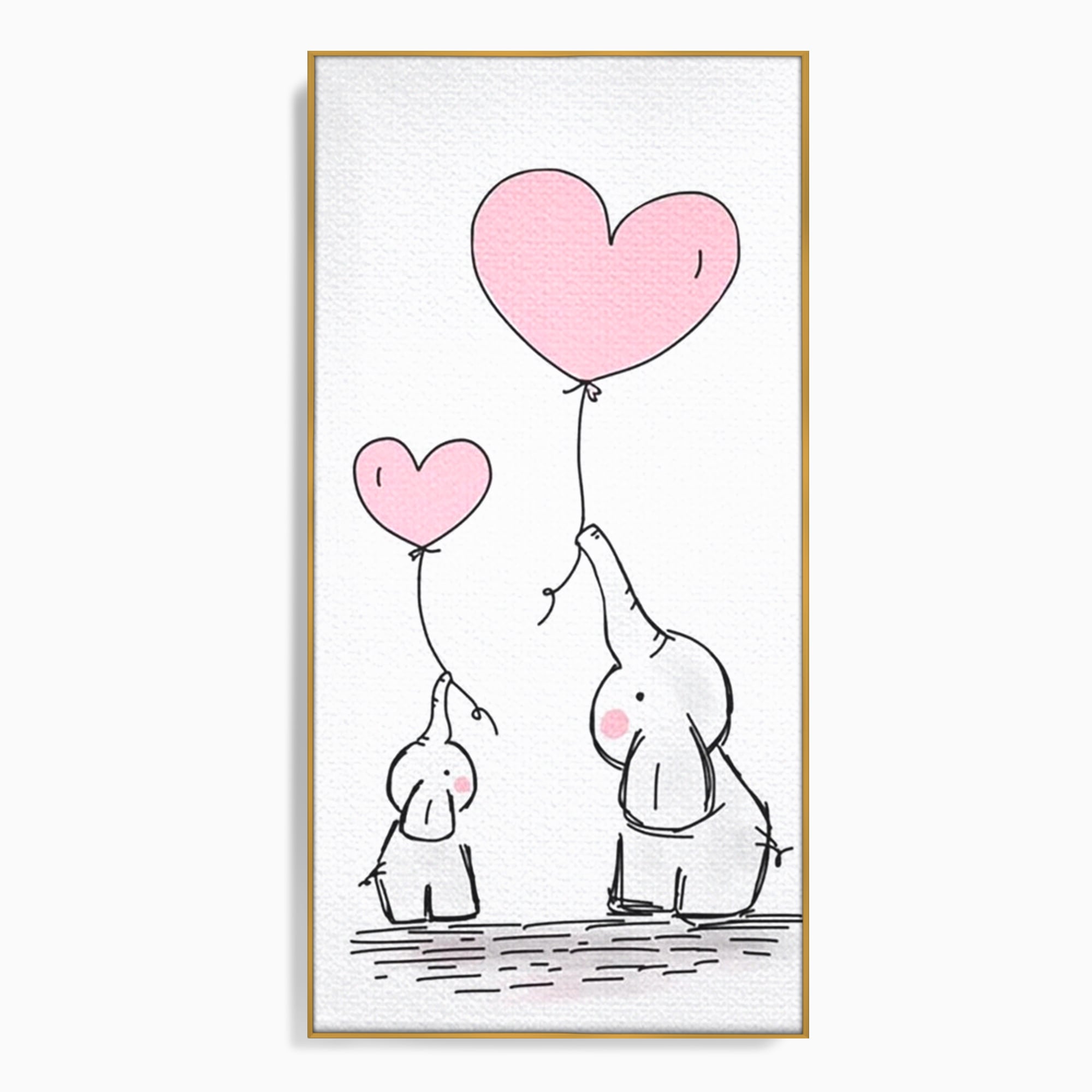 Tablou canvas cu ilustratie cu elefanti si baloane, in rama de aluminiu auriu