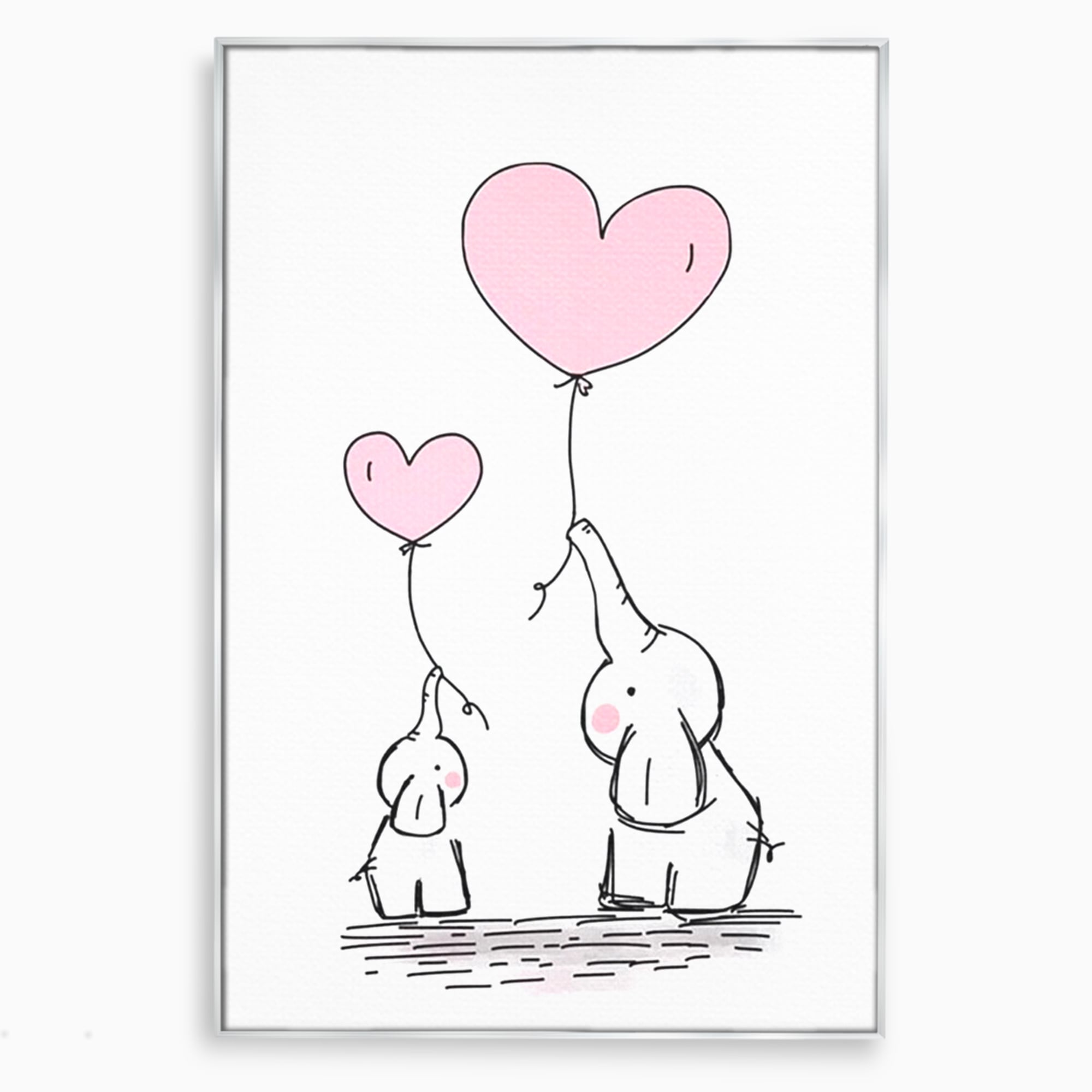 Tablou canvas cu ilustratie cu elefanti si baloane, in rama de aluminiu argintiu