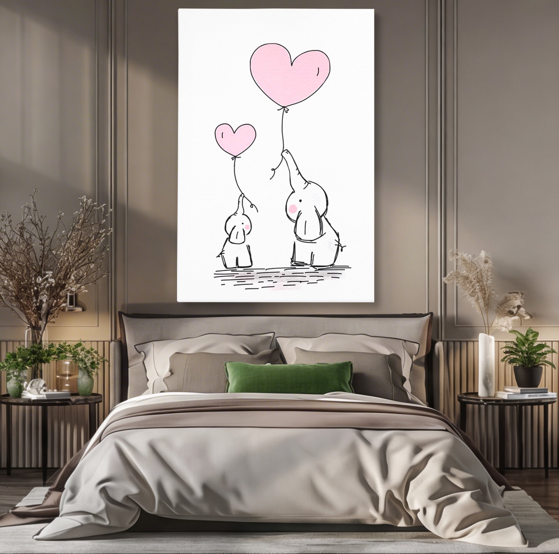 Tablou canvas cu ilustratie cu elefanti si baloane, fara rama, pe sasiu de lemn, pe perete intr-un dormitor