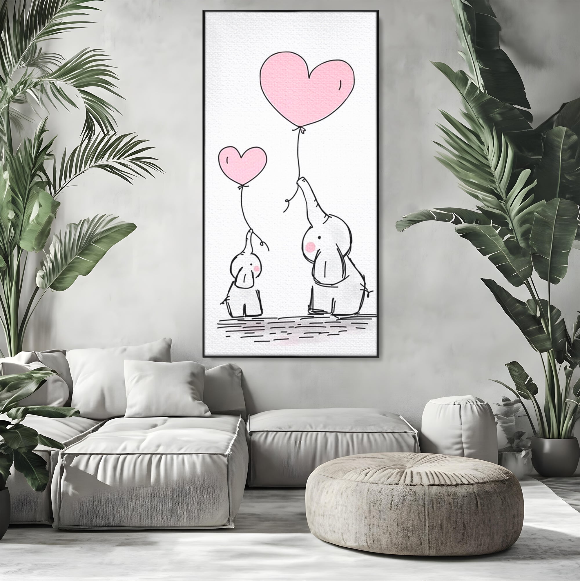 Tablou canvas cu ilustratie cu elefanti si baloane, in rama de aluminiu negru, pe perete intr-un living