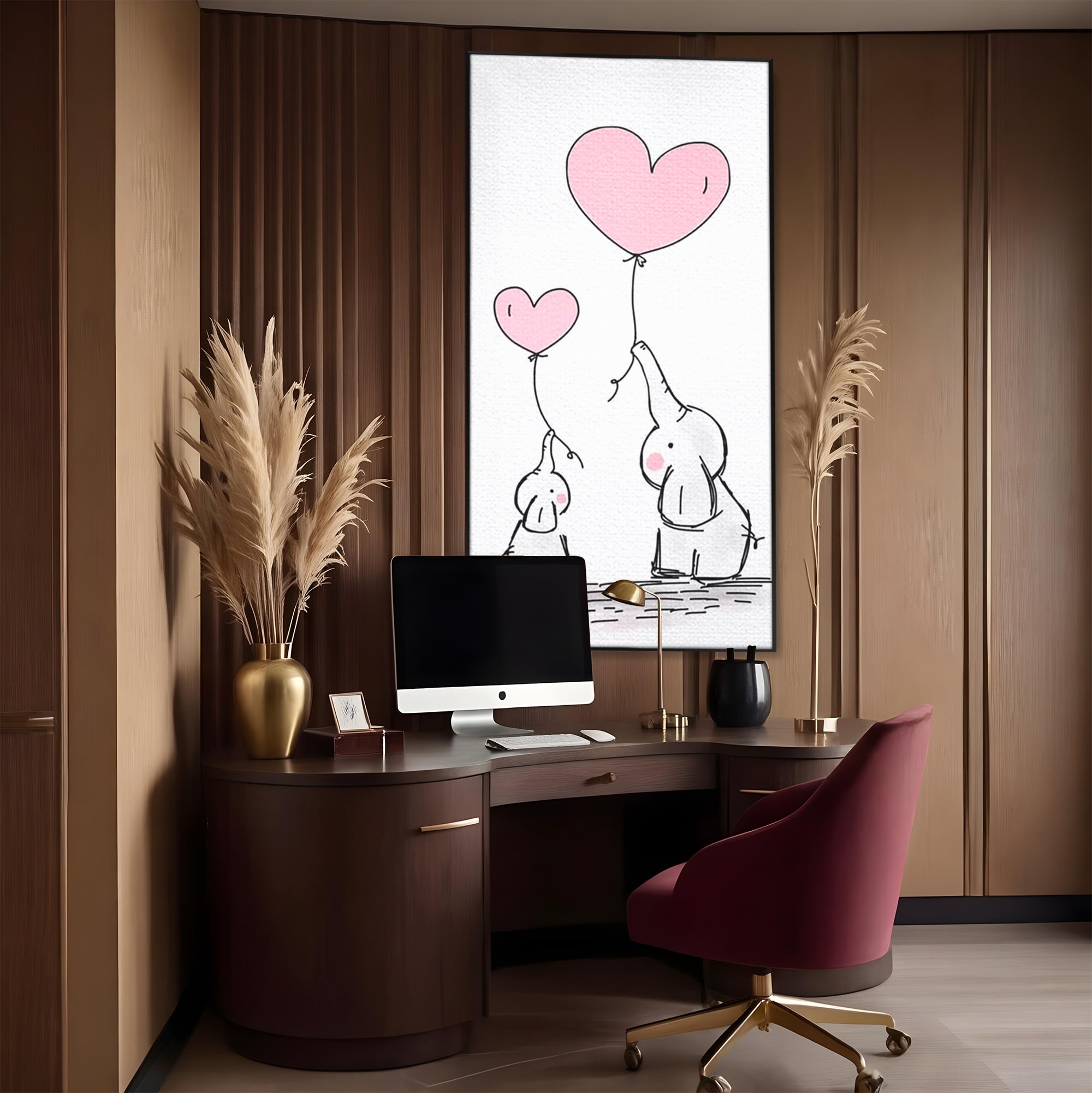Tablou canvas cu ilustratie cu elefanti si baloane, in rama de aluminiu negru, pe perete intr-un birou